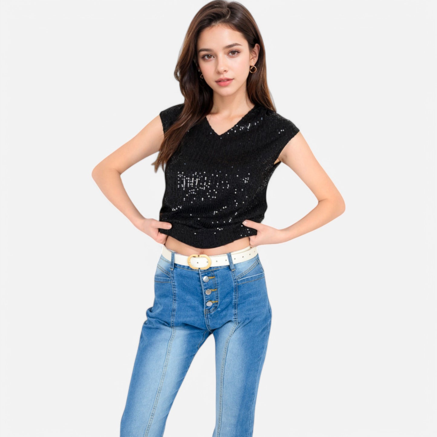Anna-Kaci Women's Sequin V-Neck Top with Cap Sleeves and Relaxed Fit