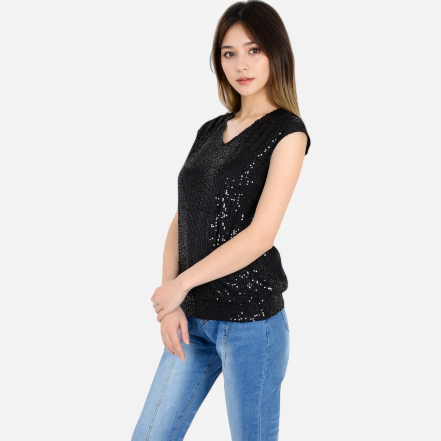 Anna-Kaci Women's Sequin V-Neck Top with Cap Sleeves and Relaxed Fit