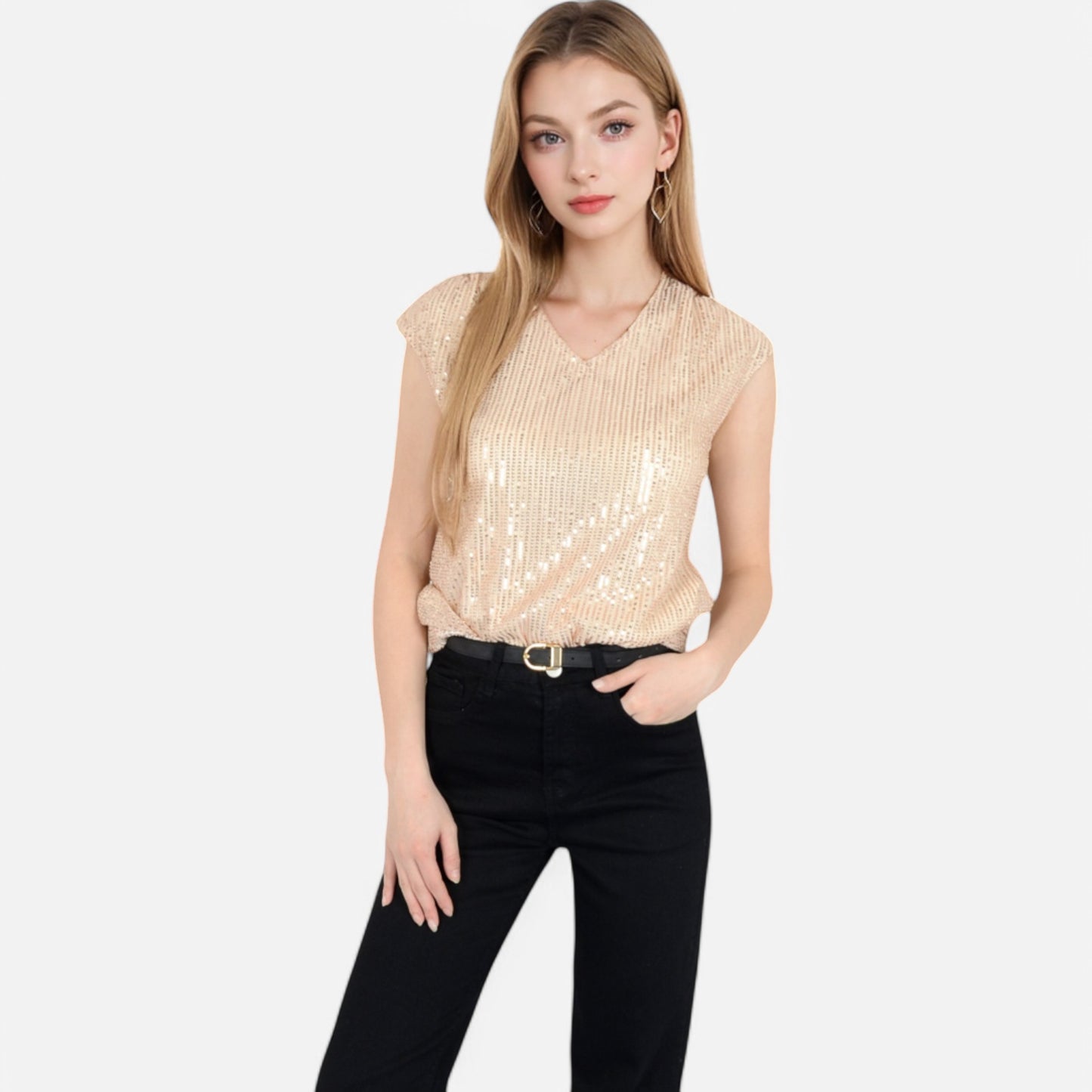 Anna-Kaci Women's Sequin V-Neck Top with Cap Sleeves and Relaxed Fit