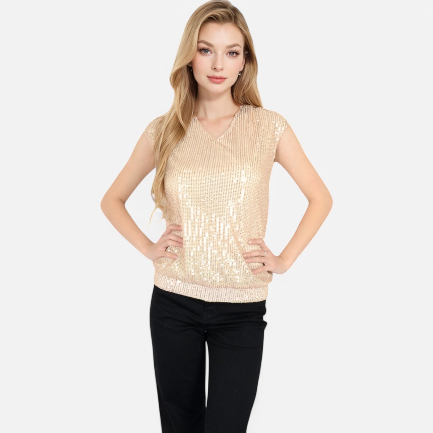 Anna-Kaci Women's Sequin V-Neck Top with Cap Sleeves and Relaxed Fit