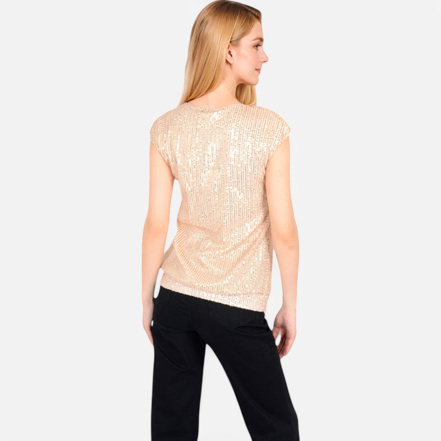Anna-Kaci Women's Sequin V-Neck Top with Cap Sleeves and Relaxed Fit
