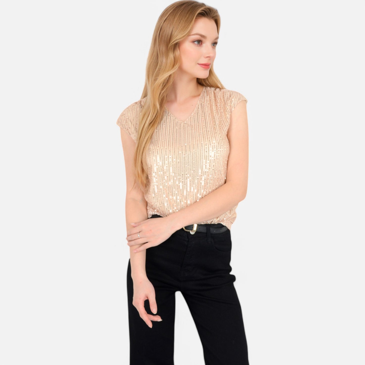 Anna-Kaci Women's Sequin V-Neck Top with Cap Sleeves and Relaxed Fit
