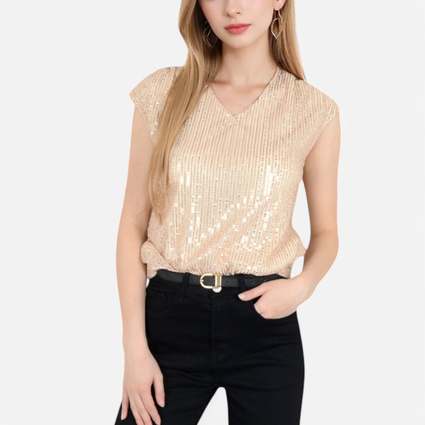 Anna-Kaci Women's Sequin V-Neck Top with Cap Sleeves and Relaxed Fit