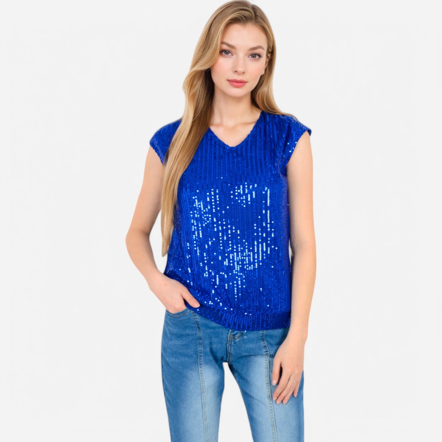Anna-Kaci Women's Sequin V-Neck Top with Cap Sleeves and Relaxed Fit