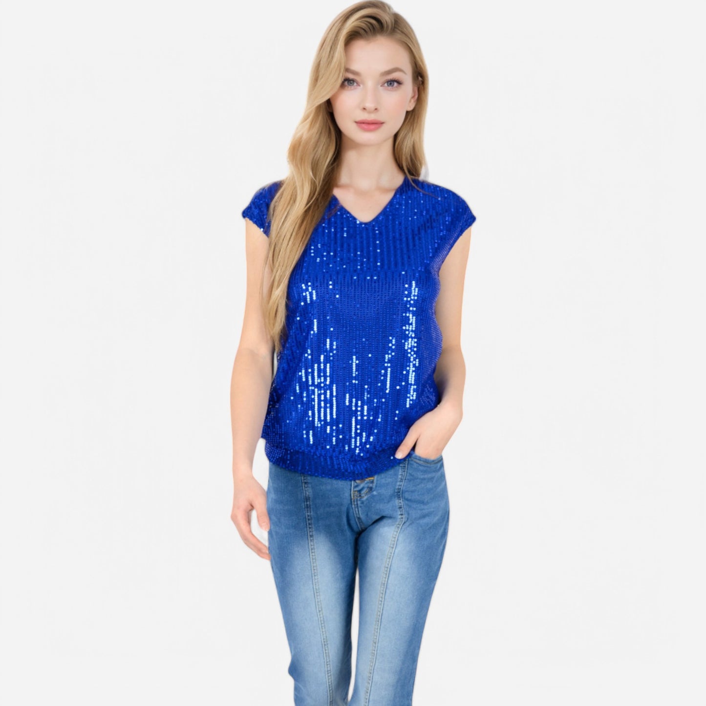 Anna-Kaci Women's Sequin V-Neck Top with Cap Sleeves and Relaxed Fit