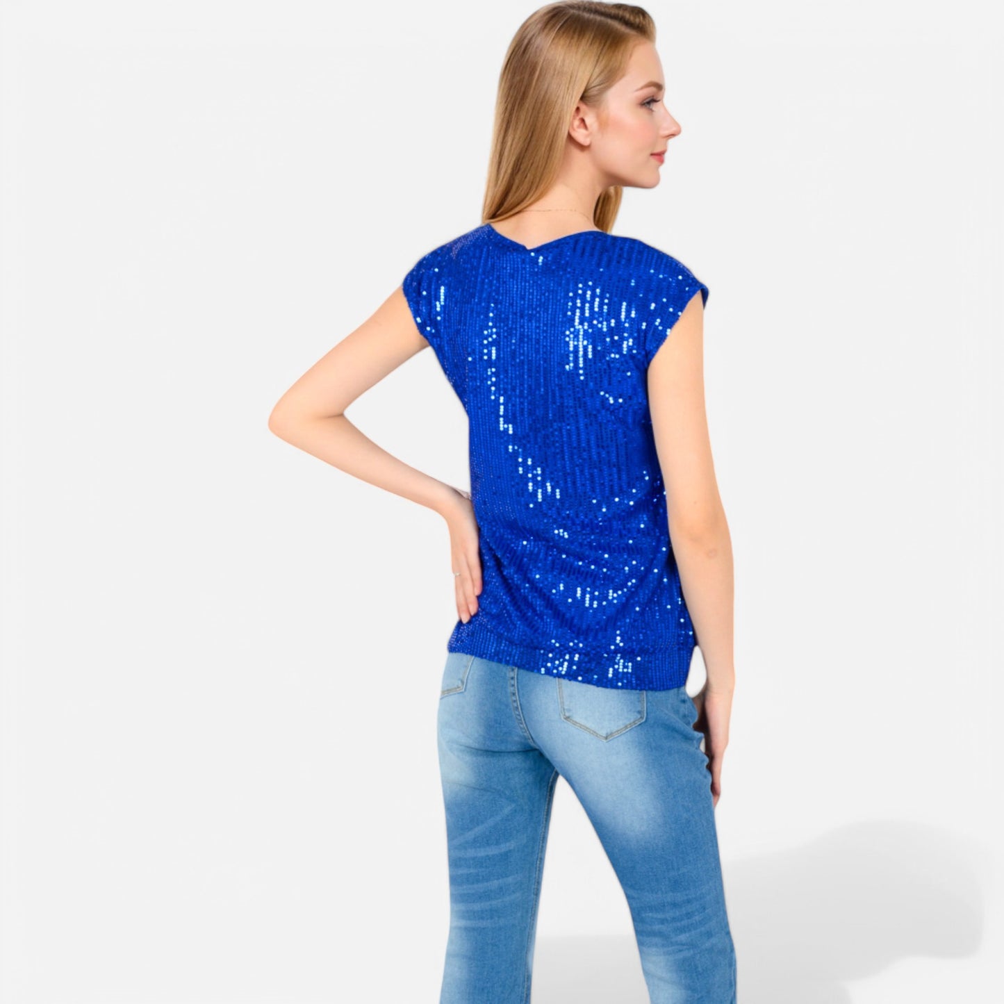 Anna-Kaci Women's Sequin V-Neck Top with Cap Sleeves and Relaxed Fit