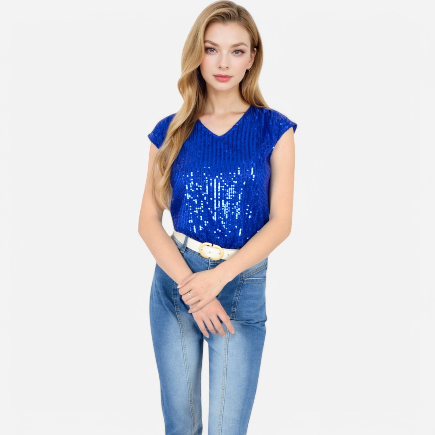 Anna-Kaci Women's Sequin V-Neck Top with Cap Sleeves and Relaxed Fit