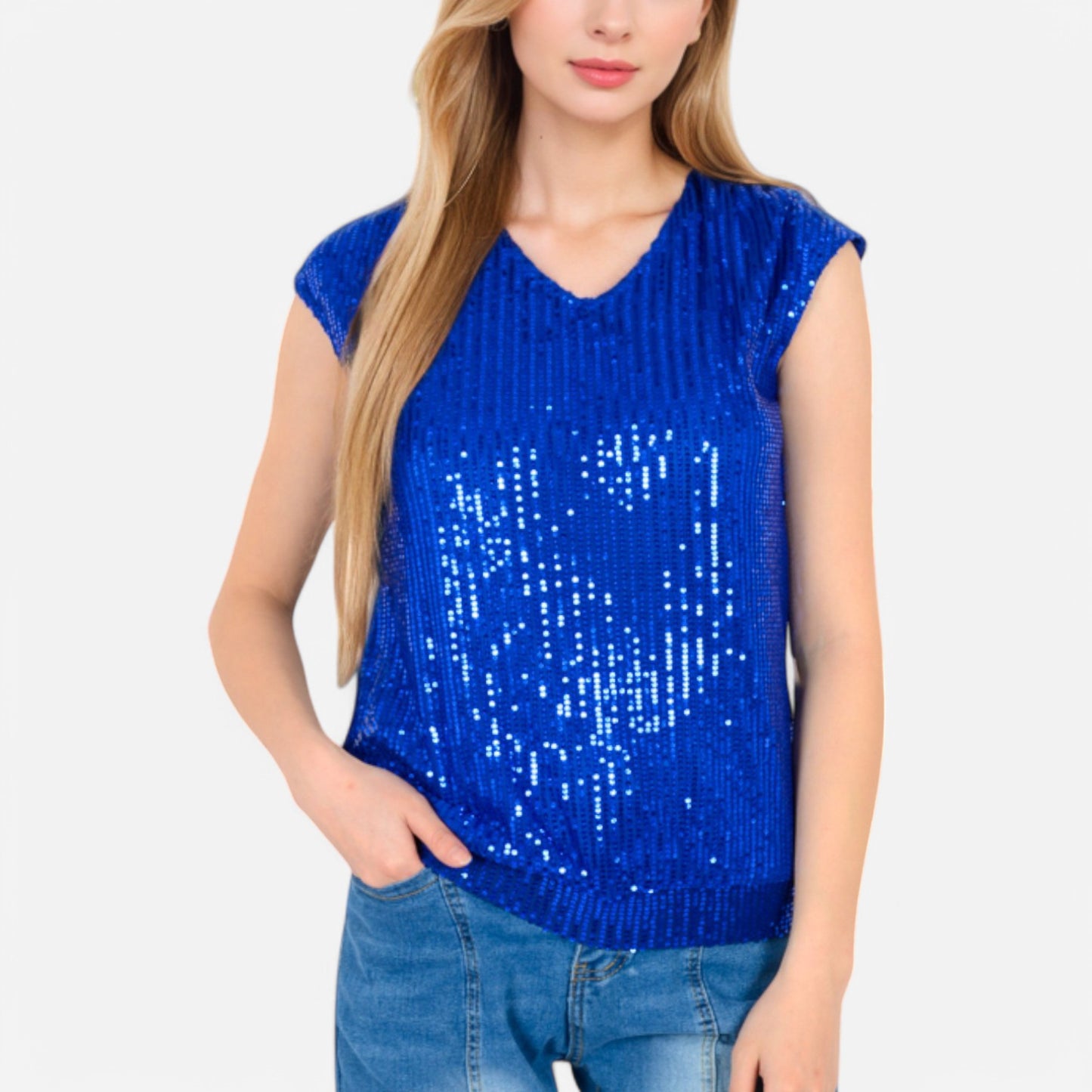 Anna-Kaci Women's Sequin V-Neck Top with Cap Sleeves and Relaxed Fit