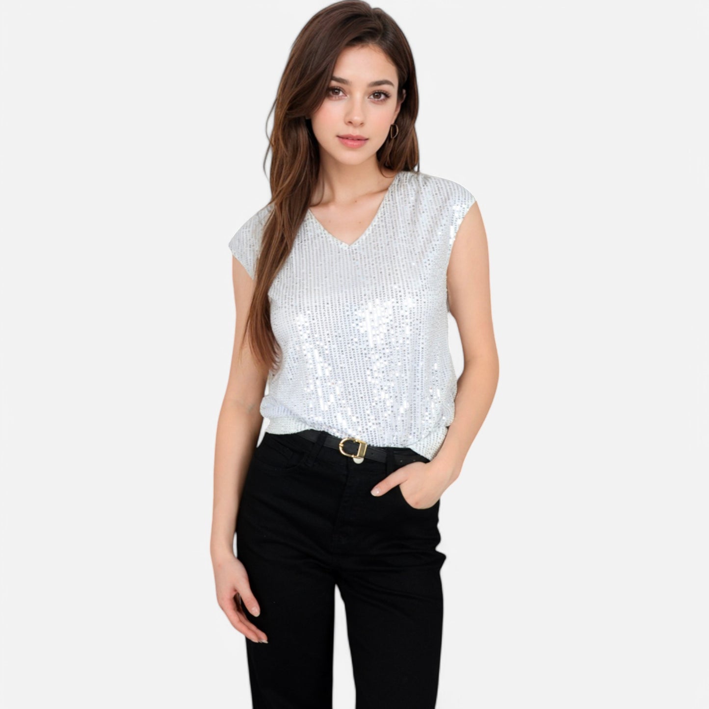 Anna-Kaci Women's Sequin V-Neck Top with Cap Sleeves and Relaxed Fit