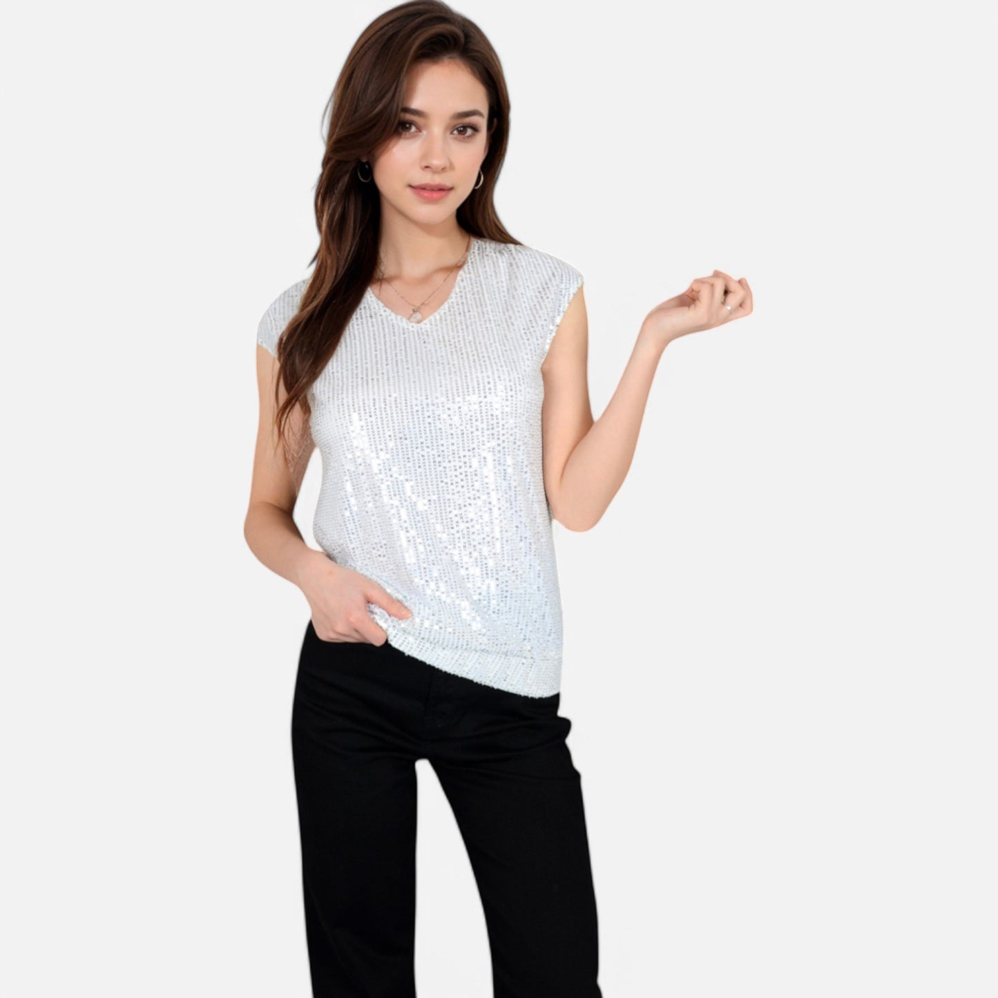 Anna-Kaci Women's Sequin V-Neck Top with Cap Sleeves and Relaxed Fit