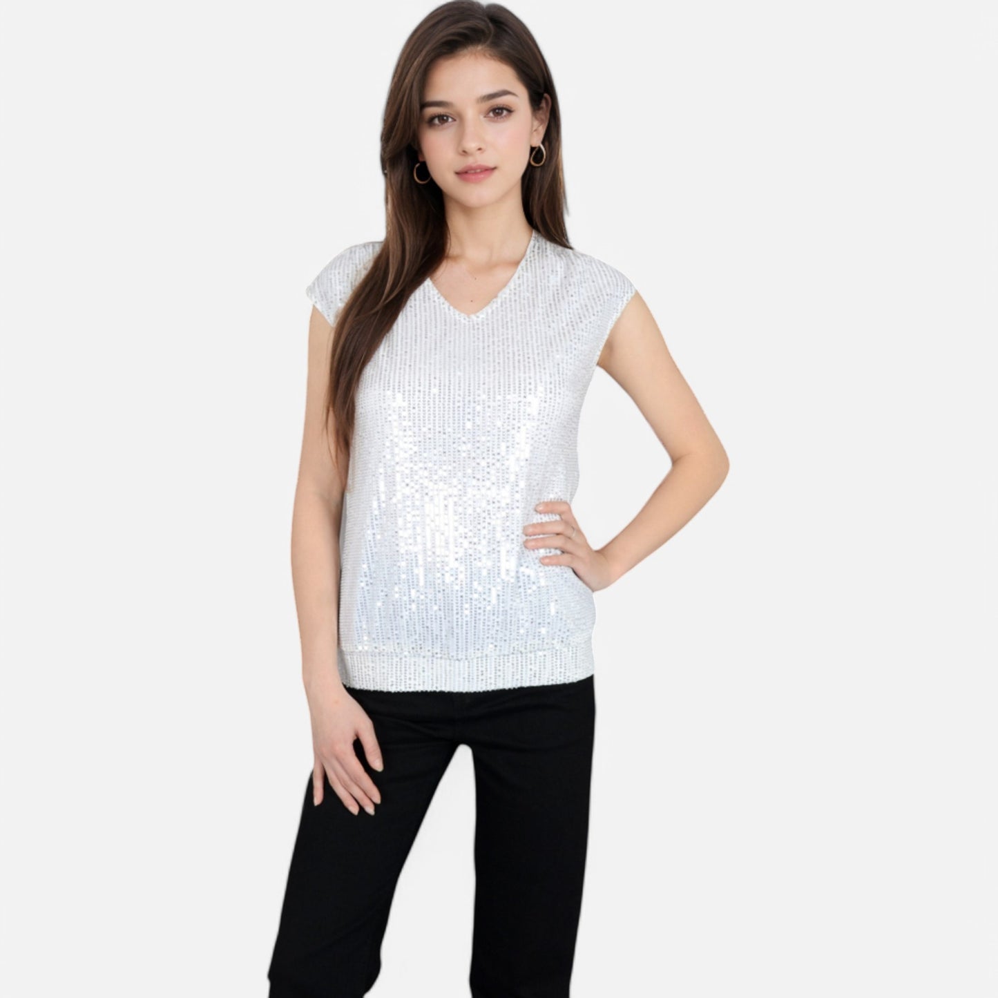 Anna-Kaci Women's Sequin V-Neck Top with Cap Sleeves and Relaxed Fit
