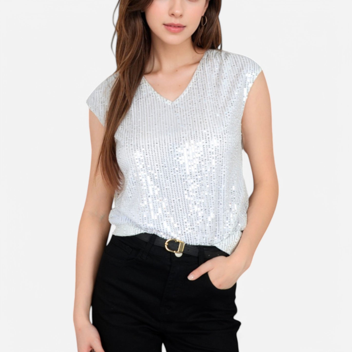 Anna-Kaci Women's Sequin V-Neck Top with Cap Sleeves and Relaxed Fit