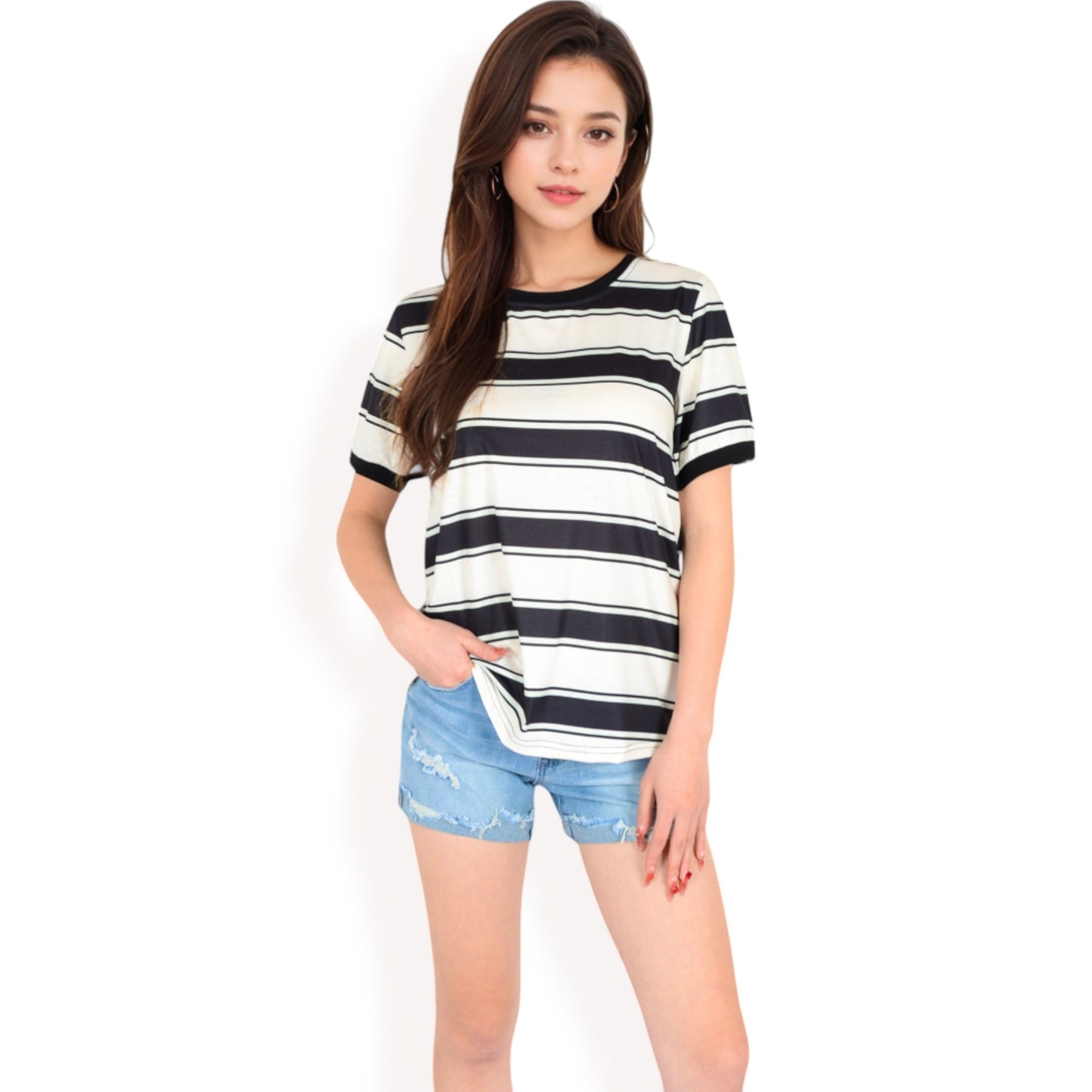 Anna-Kaci Women's Short Sleeve Striped Casual Tee with Contrast Trim