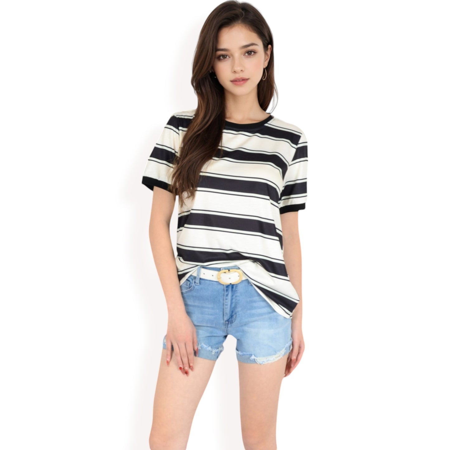 Anna-Kaci Women's Short Sleeve Striped Casual Tee with Contrast Trim