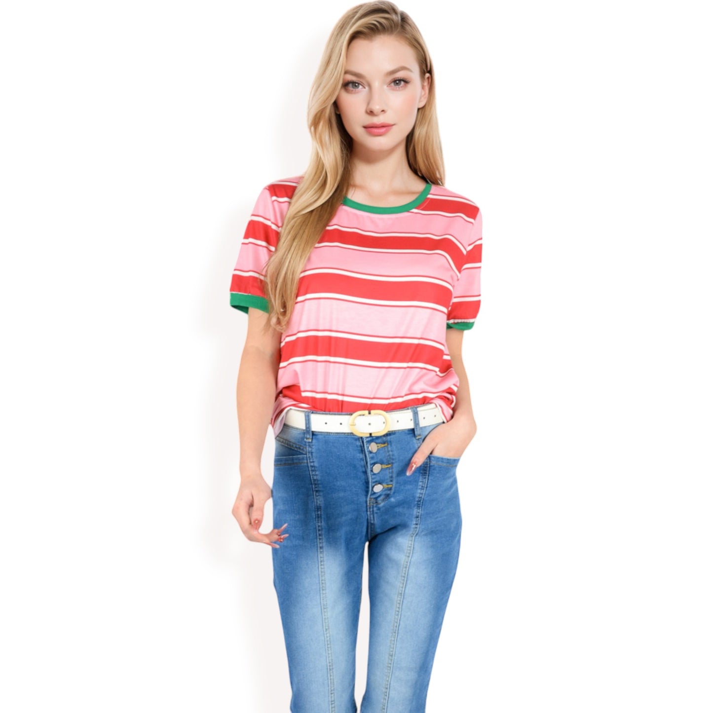 Anna-Kaci Women's Short Sleeve Striped Casual Tee with Contrast Trim