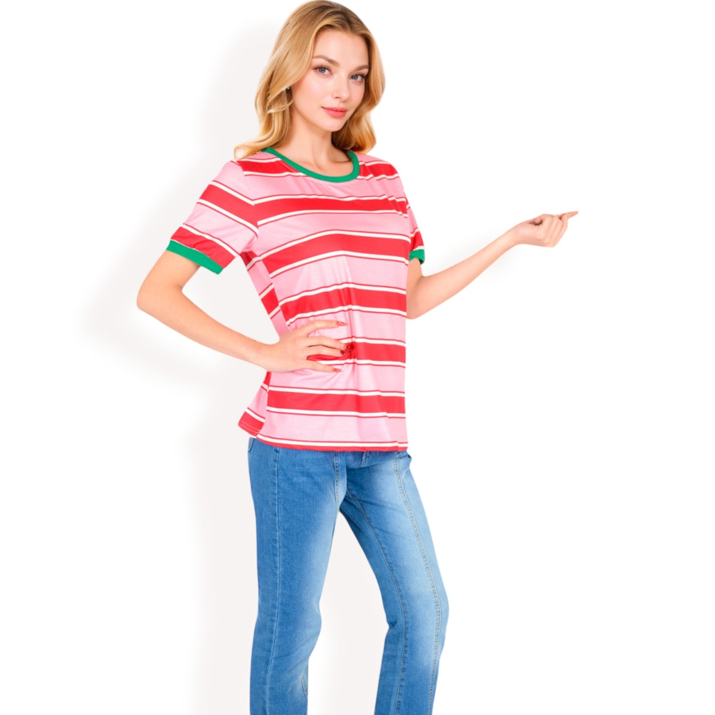 Anna-Kaci Women's Short Sleeve Striped Casual Tee with Contrast Trim