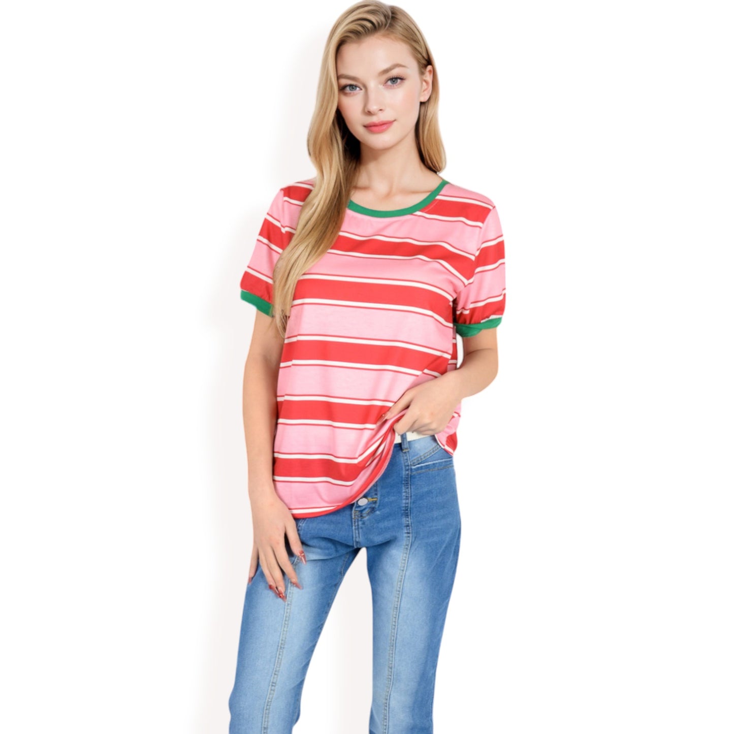 Anna-Kaci Women's Short Sleeve Striped Casual Tee with Contrast Trim