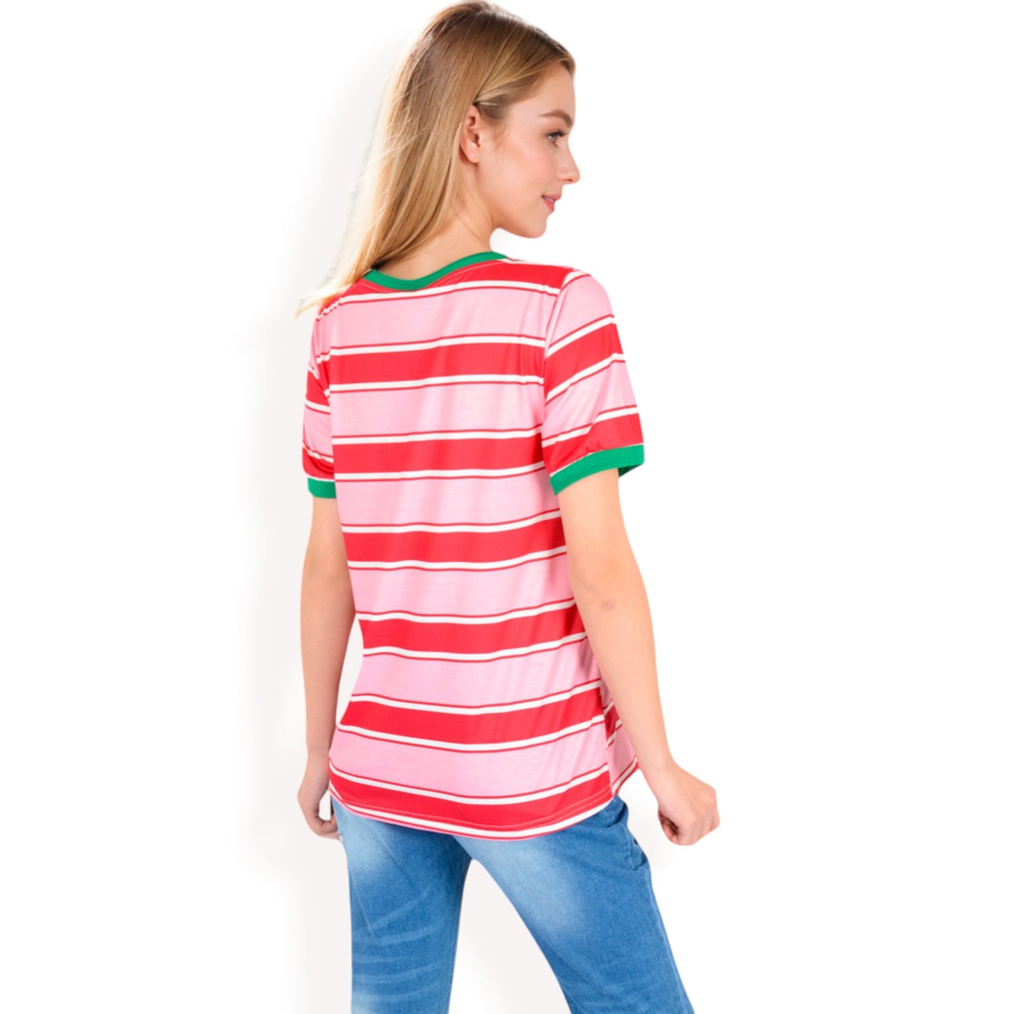 Anna-Kaci Women's Short Sleeve Striped Casual Tee with Contrast Trim
