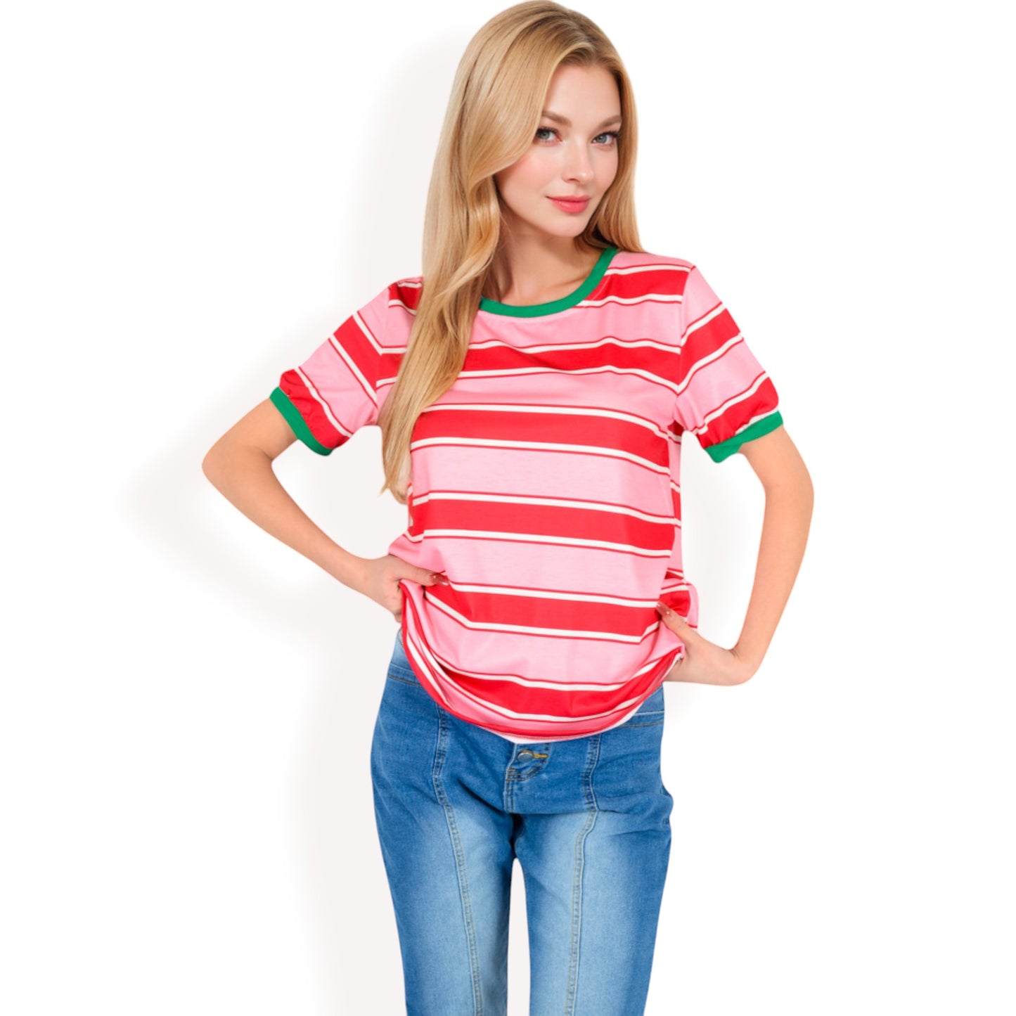 Anna-Kaci Women's Short Sleeve Striped Casual Tee with Contrast Trim