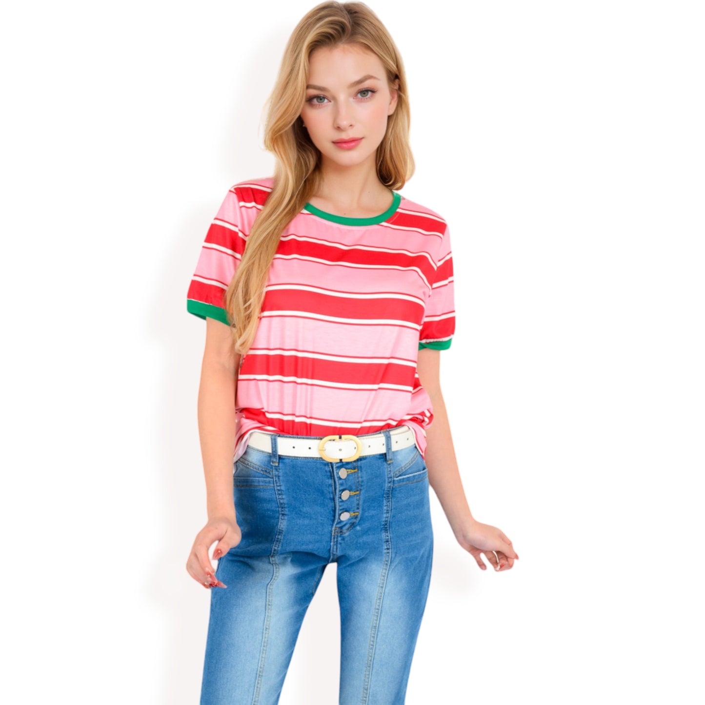 Anna-Kaci Women's Short Sleeve Striped Casual Tee with Contrast Trim