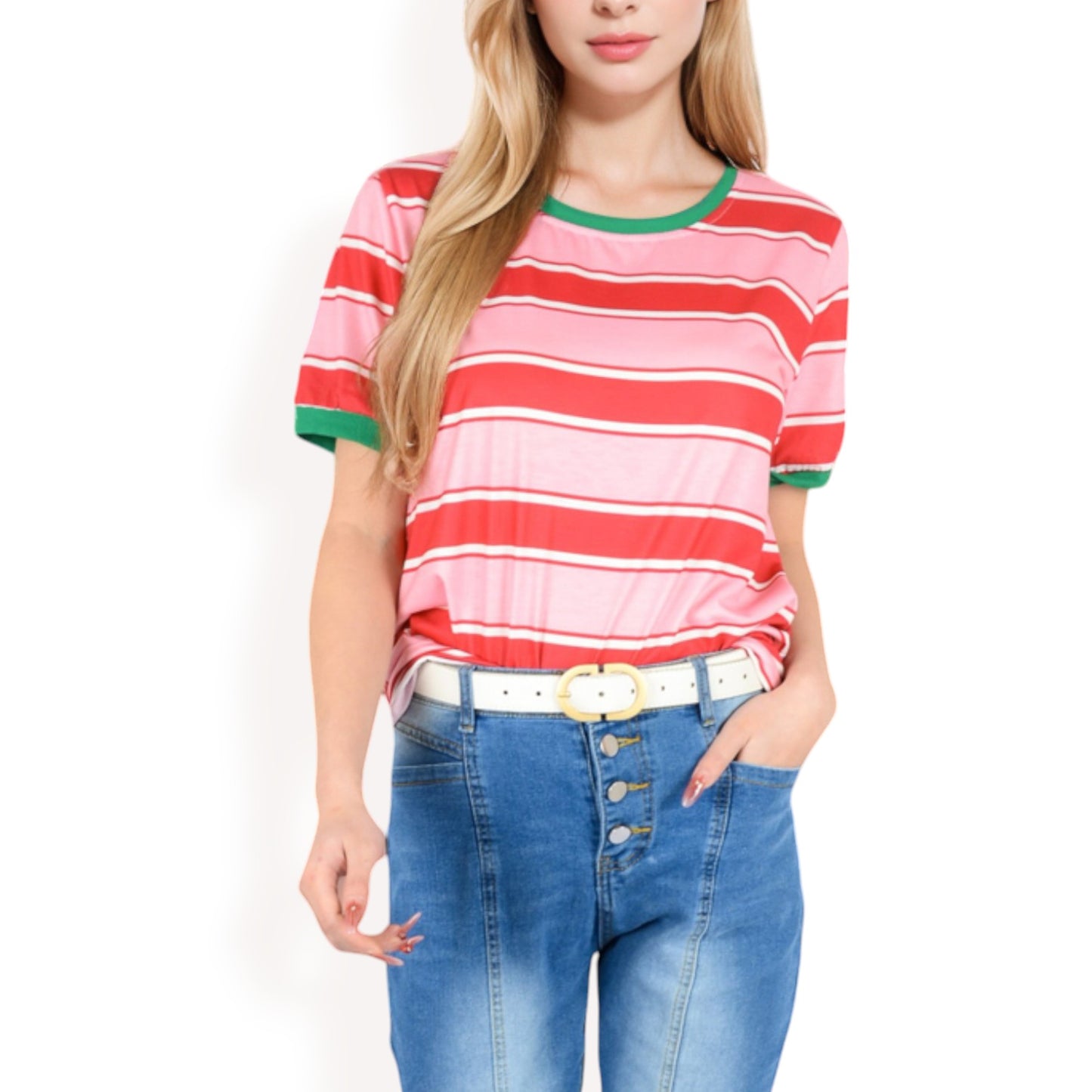 Anna-Kaci Women's Short Sleeve Striped Casual Tee with Contrast Trim
