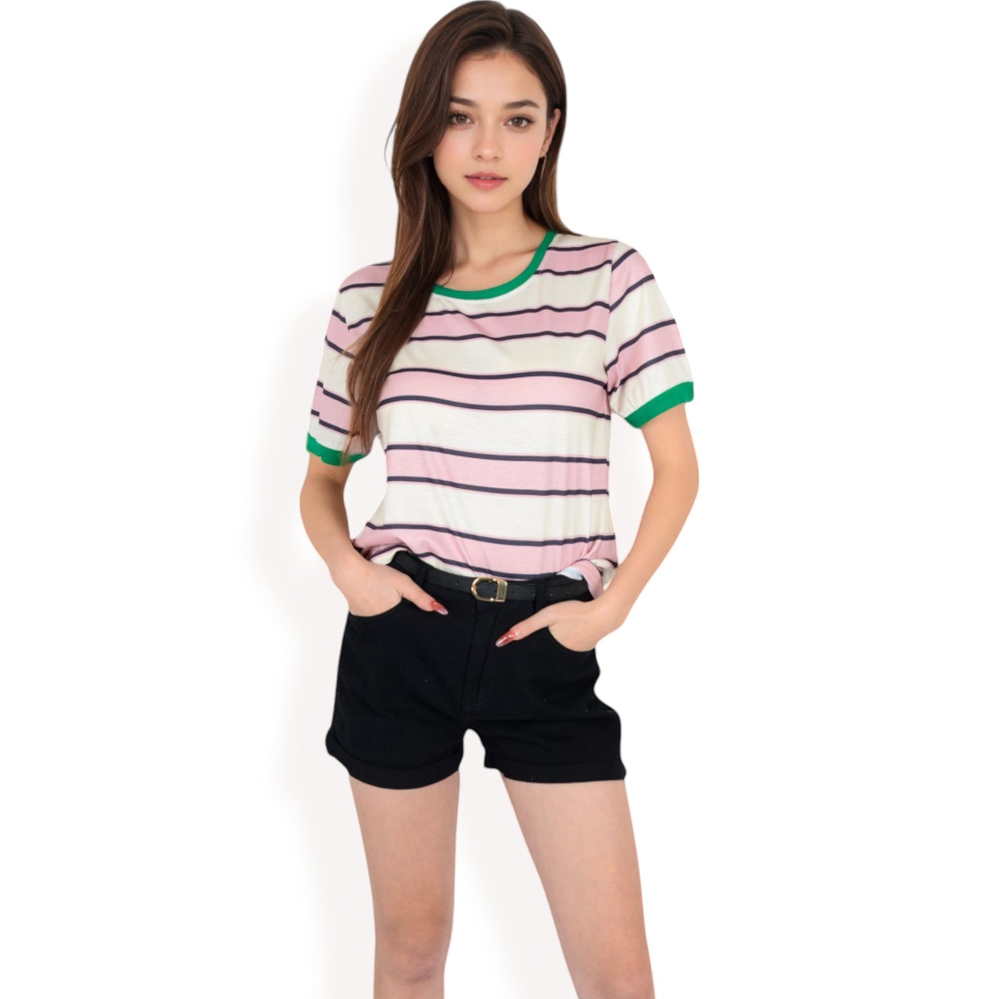 Anna-Kaci Women's Short Sleeve Striped Casual Tee with Contrast Trim