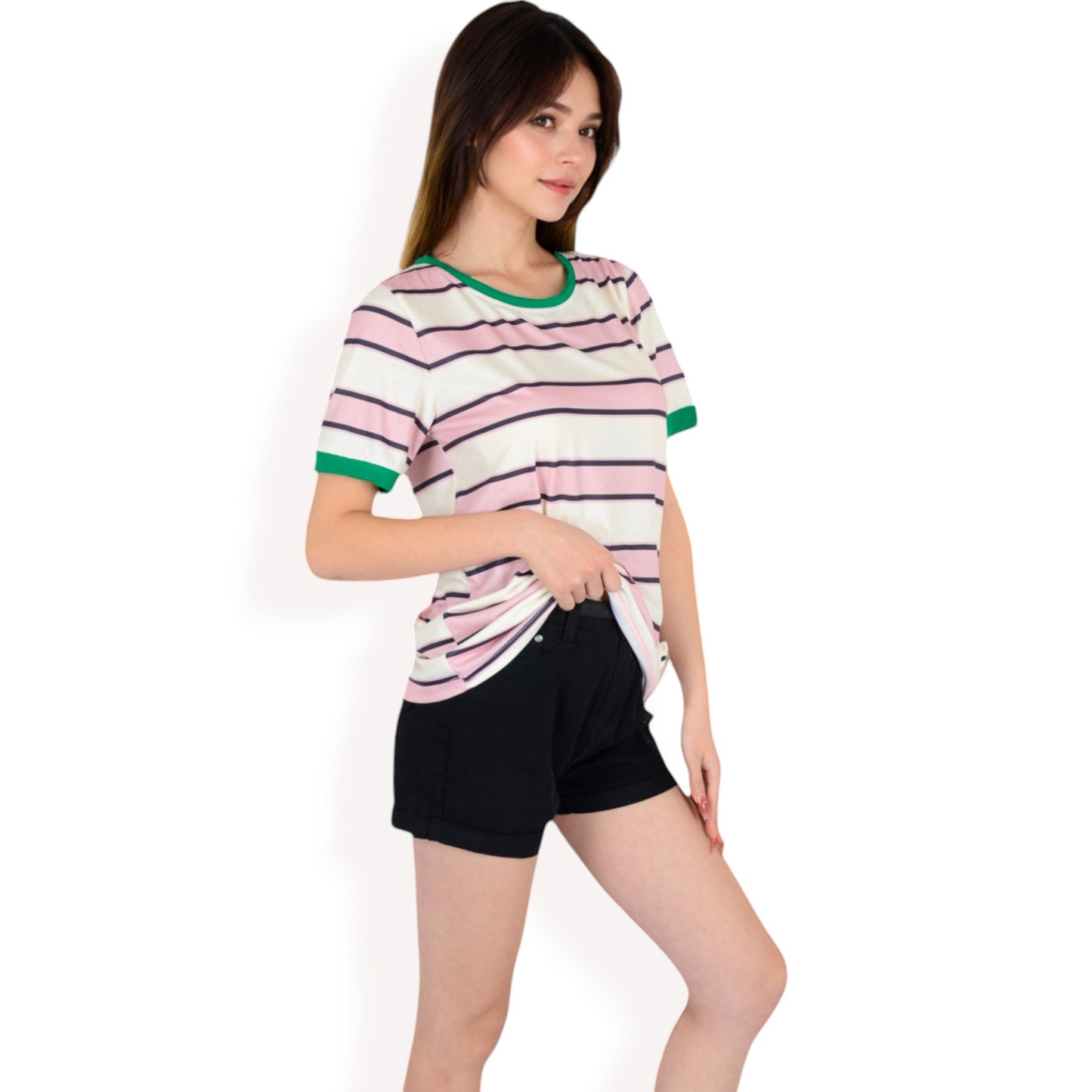 Anna-Kaci Women's Short Sleeve Striped Casual Tee with Contrast Trim