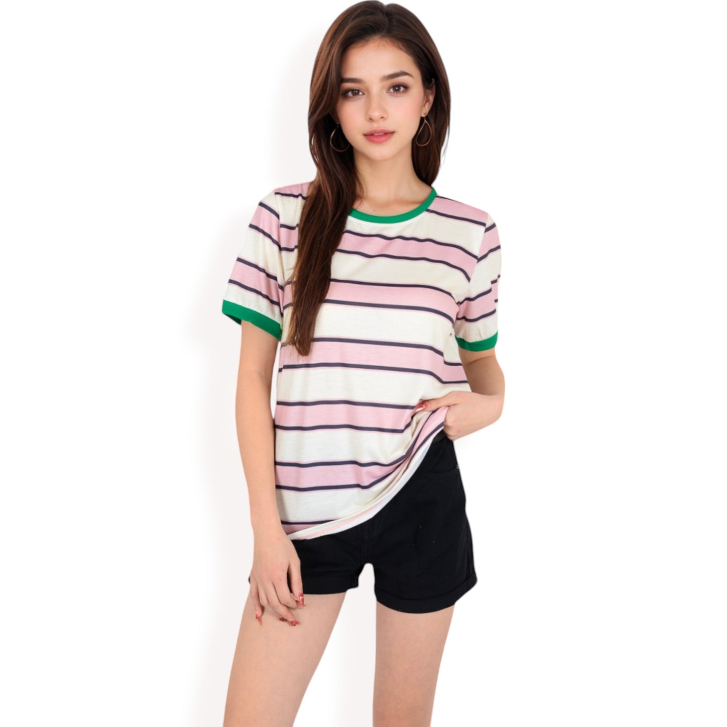 Anna-Kaci Women's Short Sleeve Striped Casual Tee with Contrast Trim