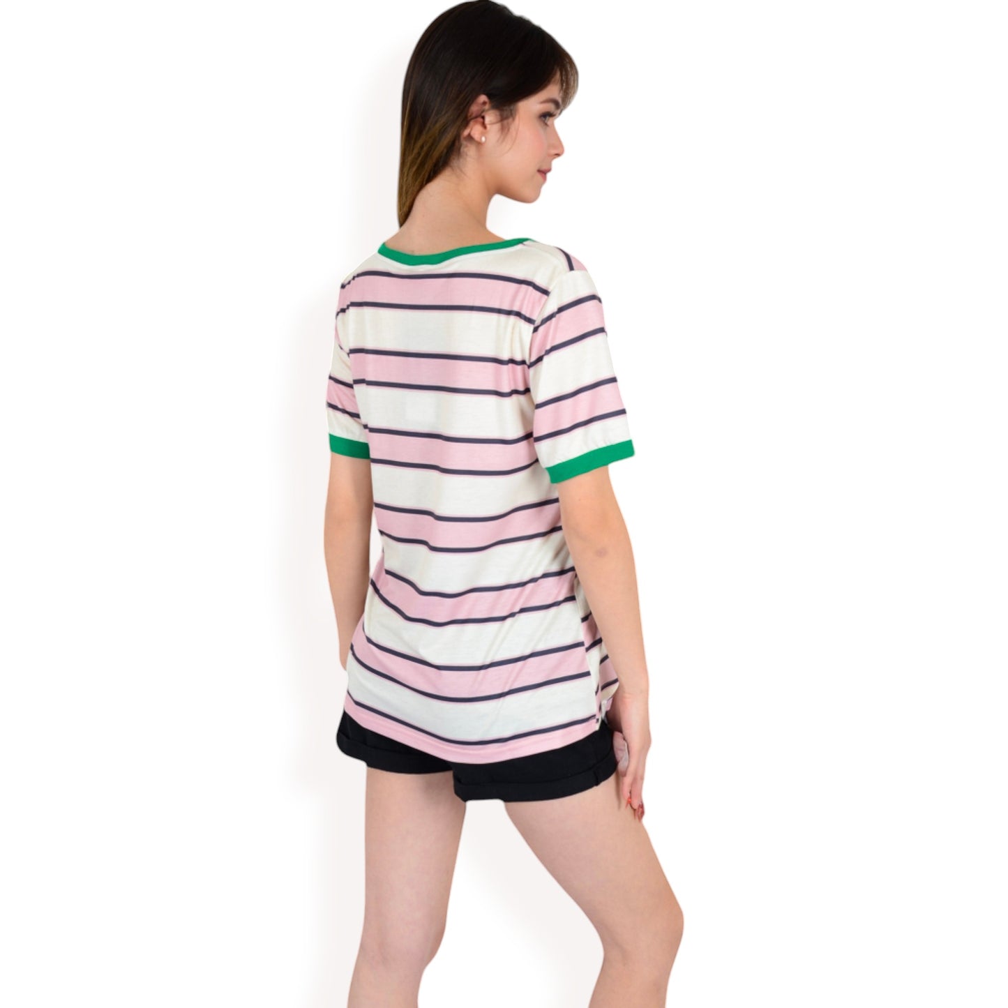 Anna-Kaci Women's Short Sleeve Striped Casual Tee with Contrast Trim