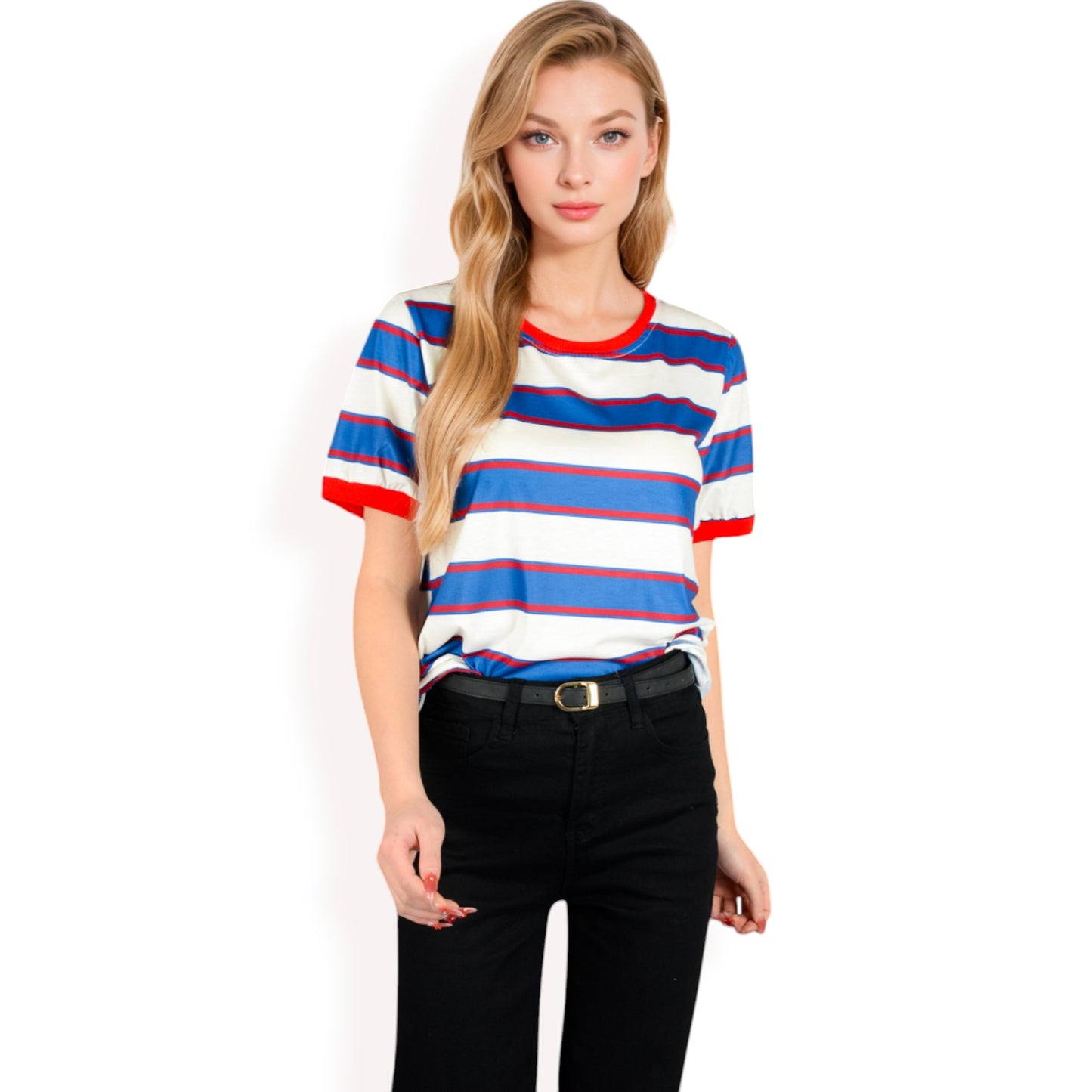 Anna-Kaci Women's Short Sleeve Striped Casual Tee with Contrast Trim
