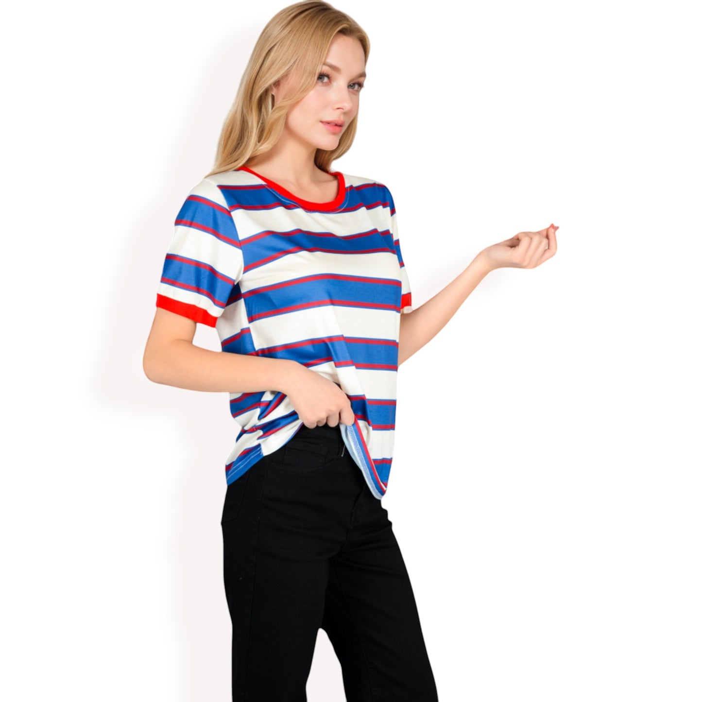 Anna-Kaci Women's Short Sleeve Striped Casual Tee with Contrast Trim