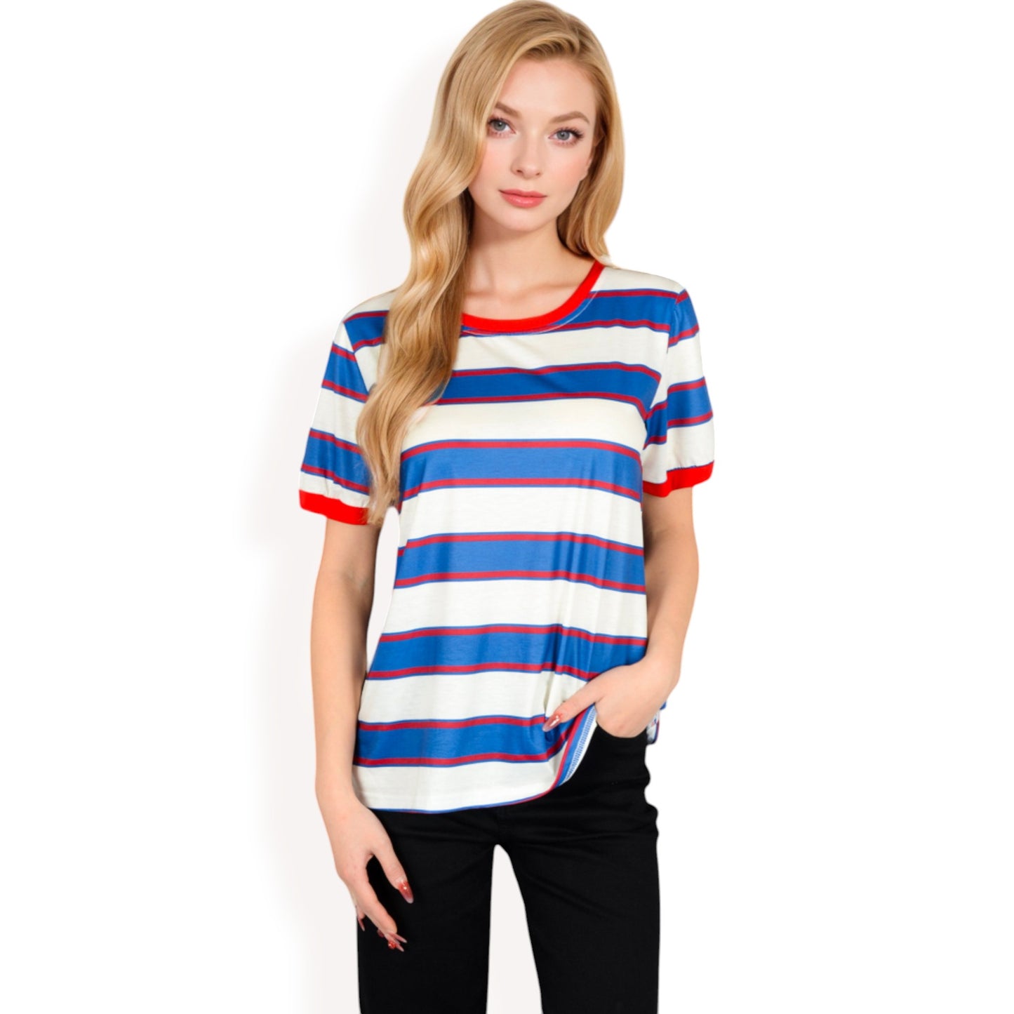 Anna-Kaci Women's Short Sleeve Striped Casual Tee with Contrast Trim
