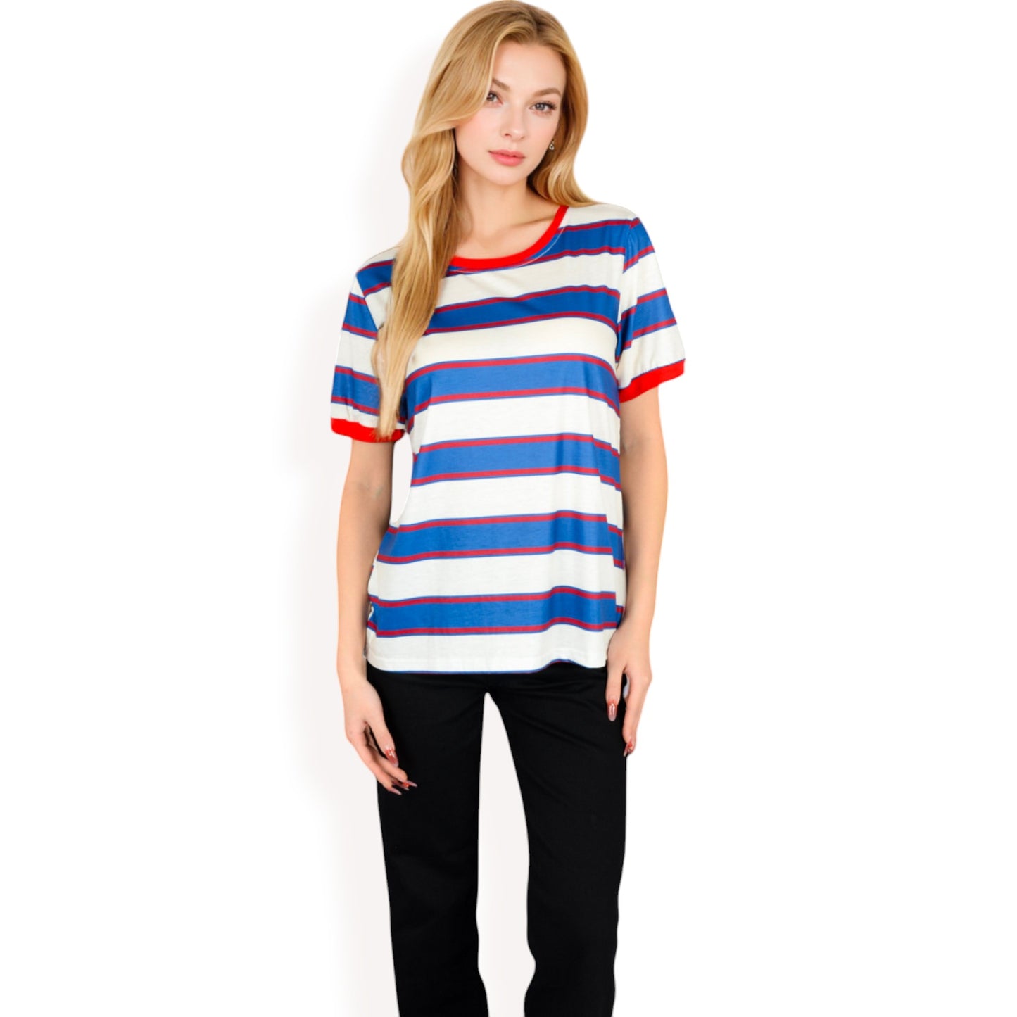 Anna-Kaci Women's Short Sleeve Striped Casual Tee with Contrast Trim