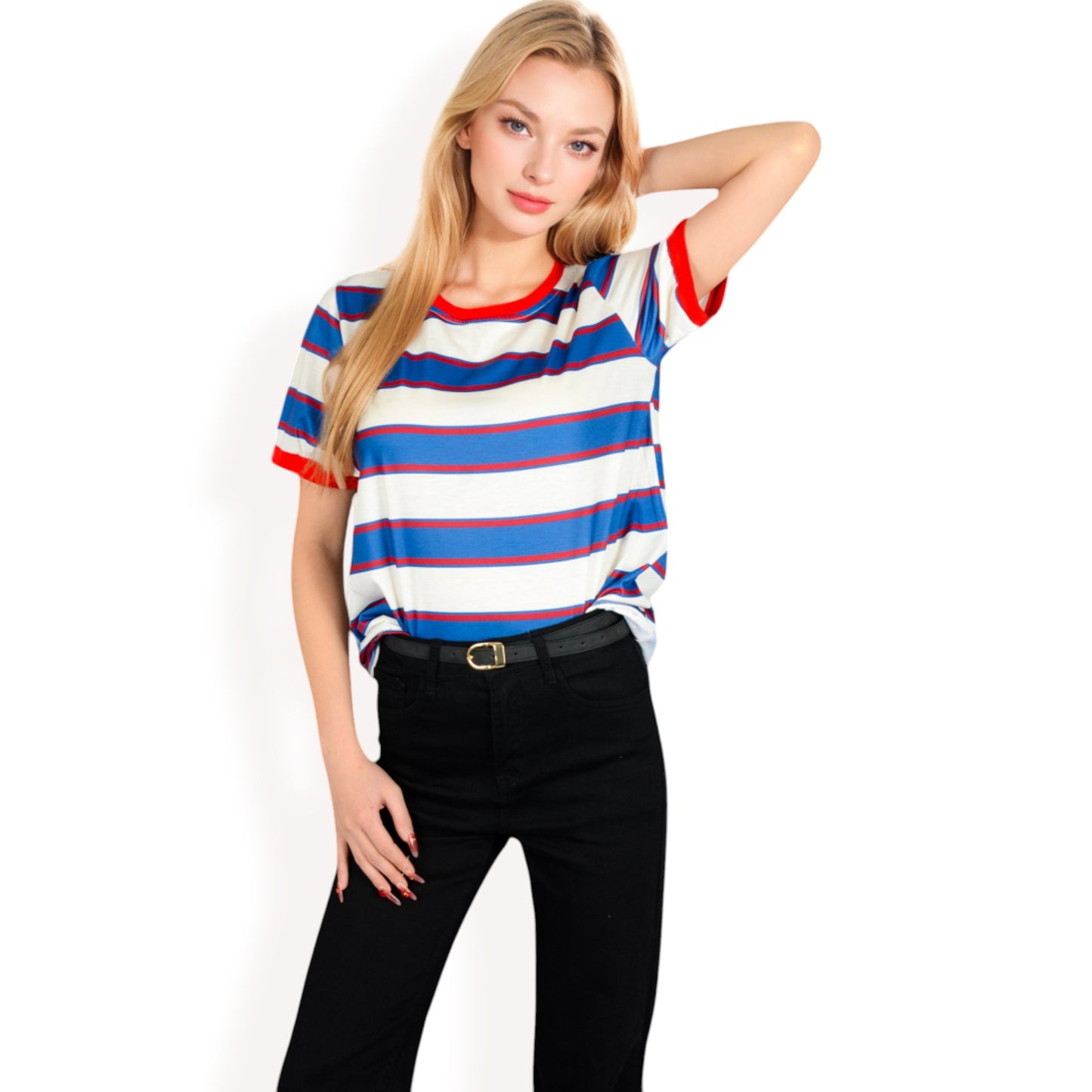 Anna-Kaci Women's Short Sleeve Striped Casual Tee with Contrast Trim