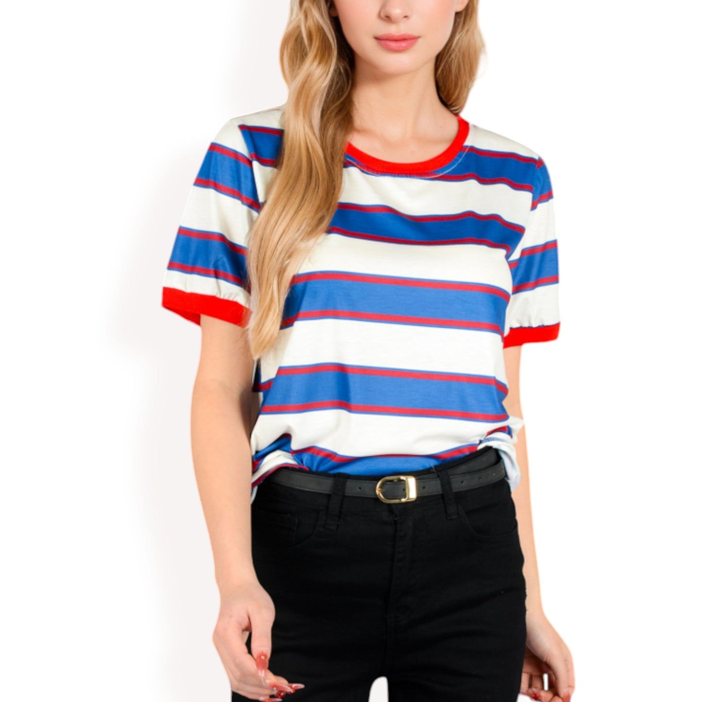 Anna-Kaci Women's Short Sleeve Striped Casual Tee with Contrast Trim