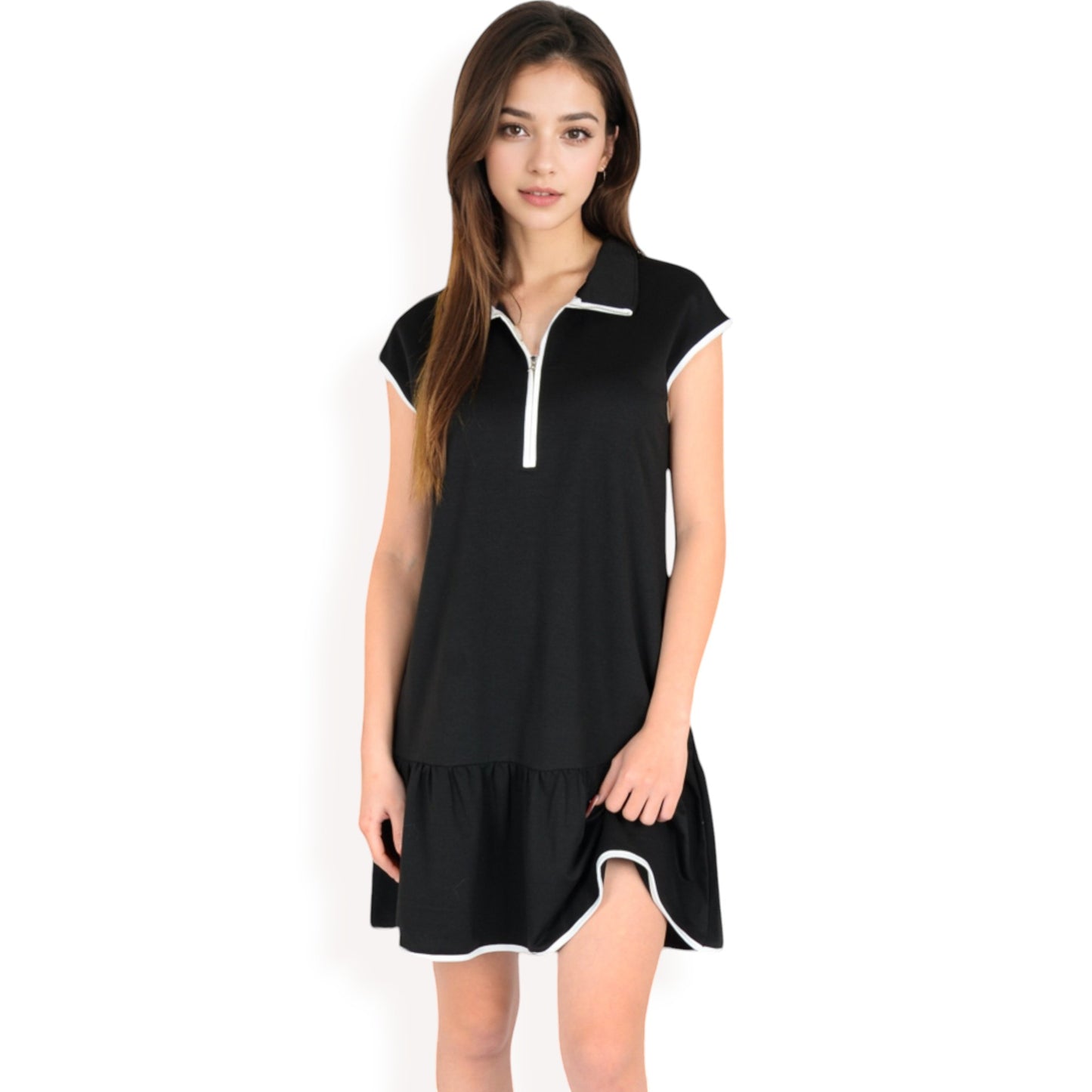 Anna-Kaci Women's Zip-Up Collared Dress with Ruffle Hem