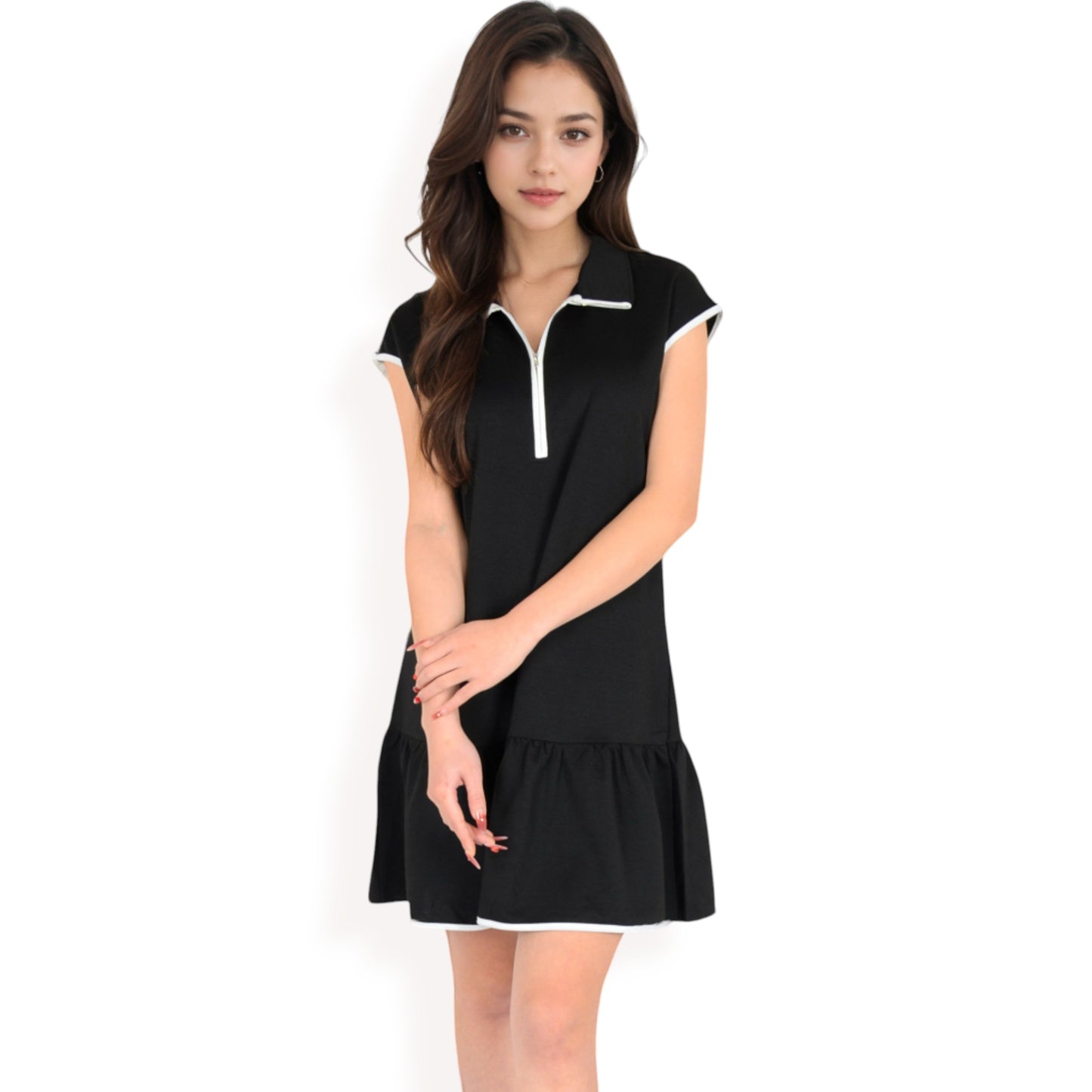 Anna-Kaci Women's Zip-Up Collared Dress with Ruffle Hem