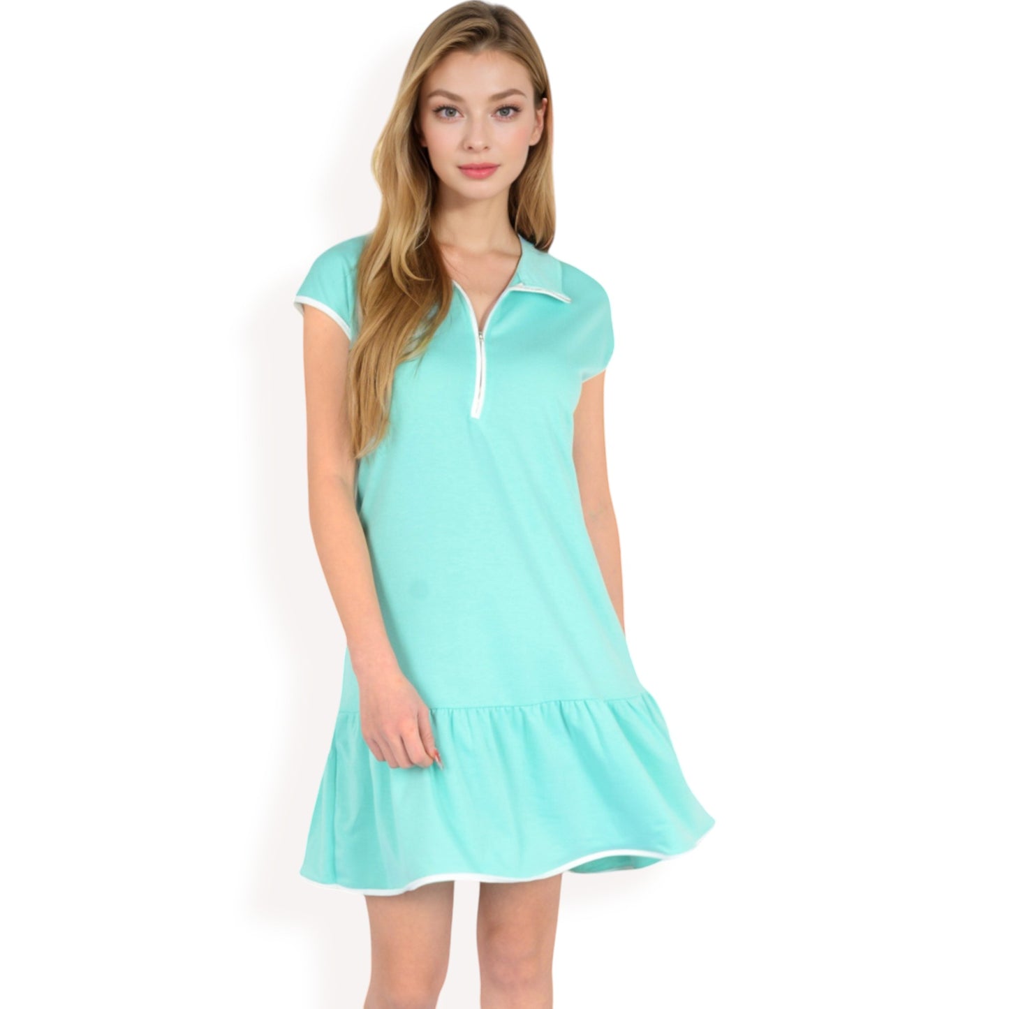 Anna-Kaci Women's Zip-Up Collared Dress with Ruffle Hem