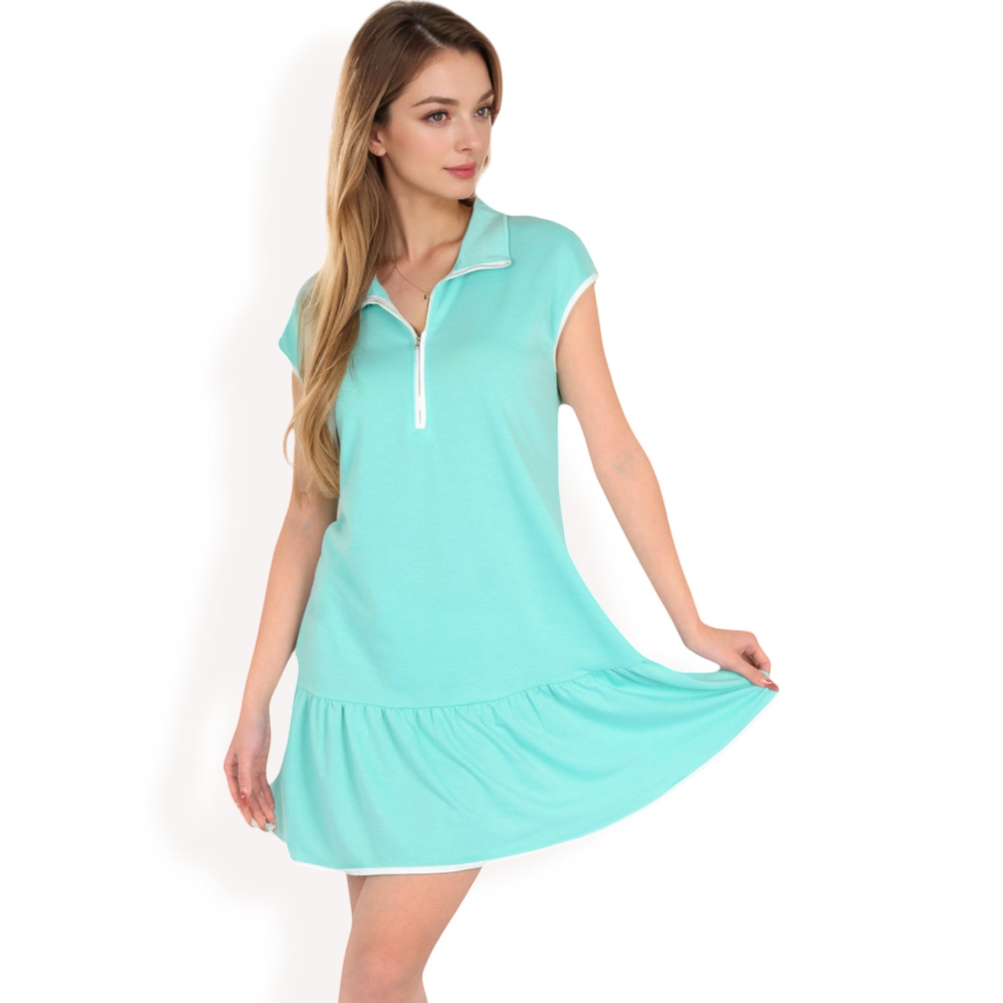 Anna-Kaci Women's Zip-Up Collared Dress with Ruffle Hem