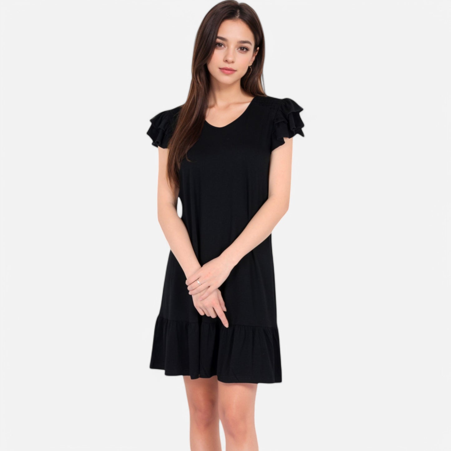 Anna-Kaci Women's Ruffle Sleeve V-Neck Dress with Tiered Hem and Relaxed Fit