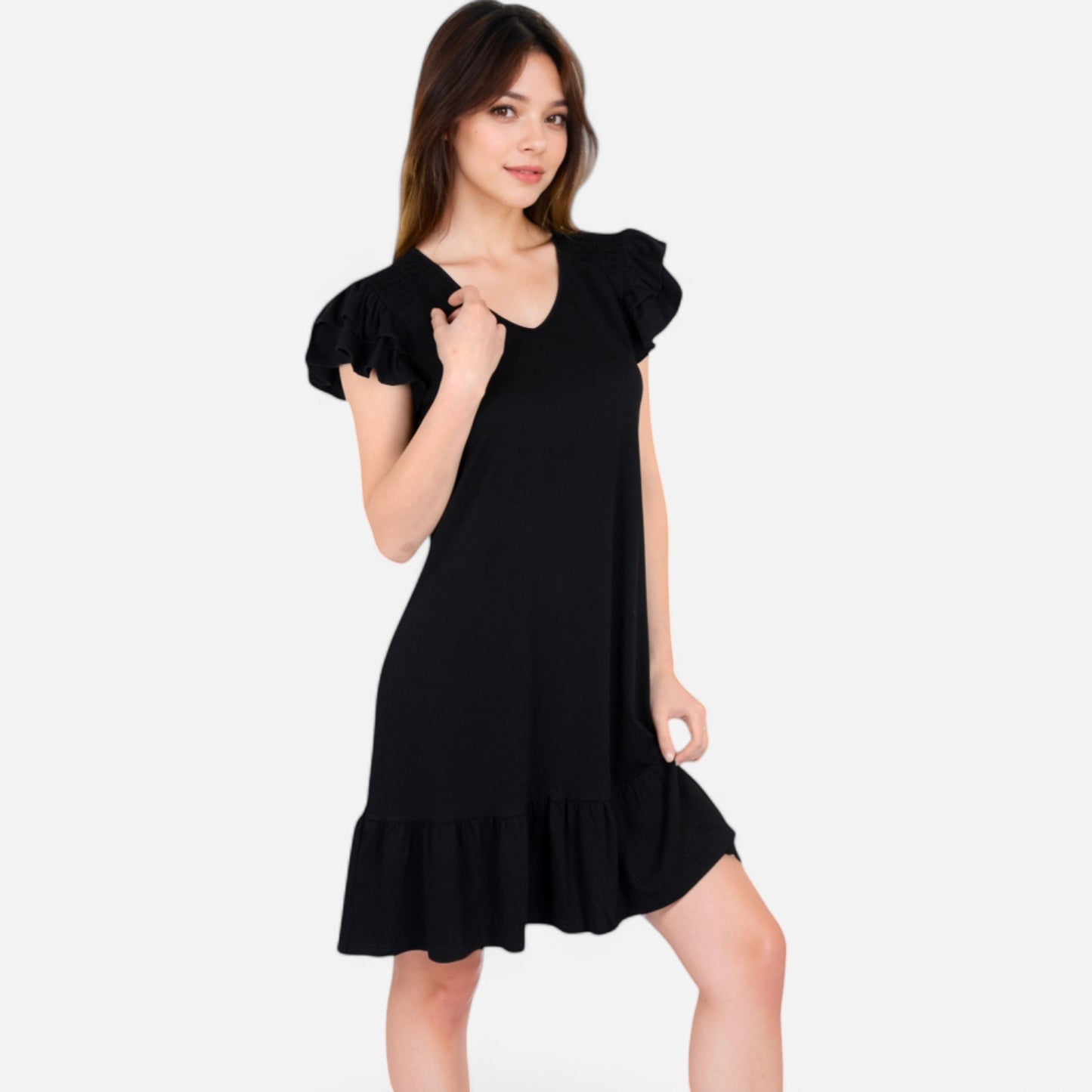 Anna-Kaci Women's Ruffle Sleeve V-Neck Dress with Tiered Hem and Relaxed Fit