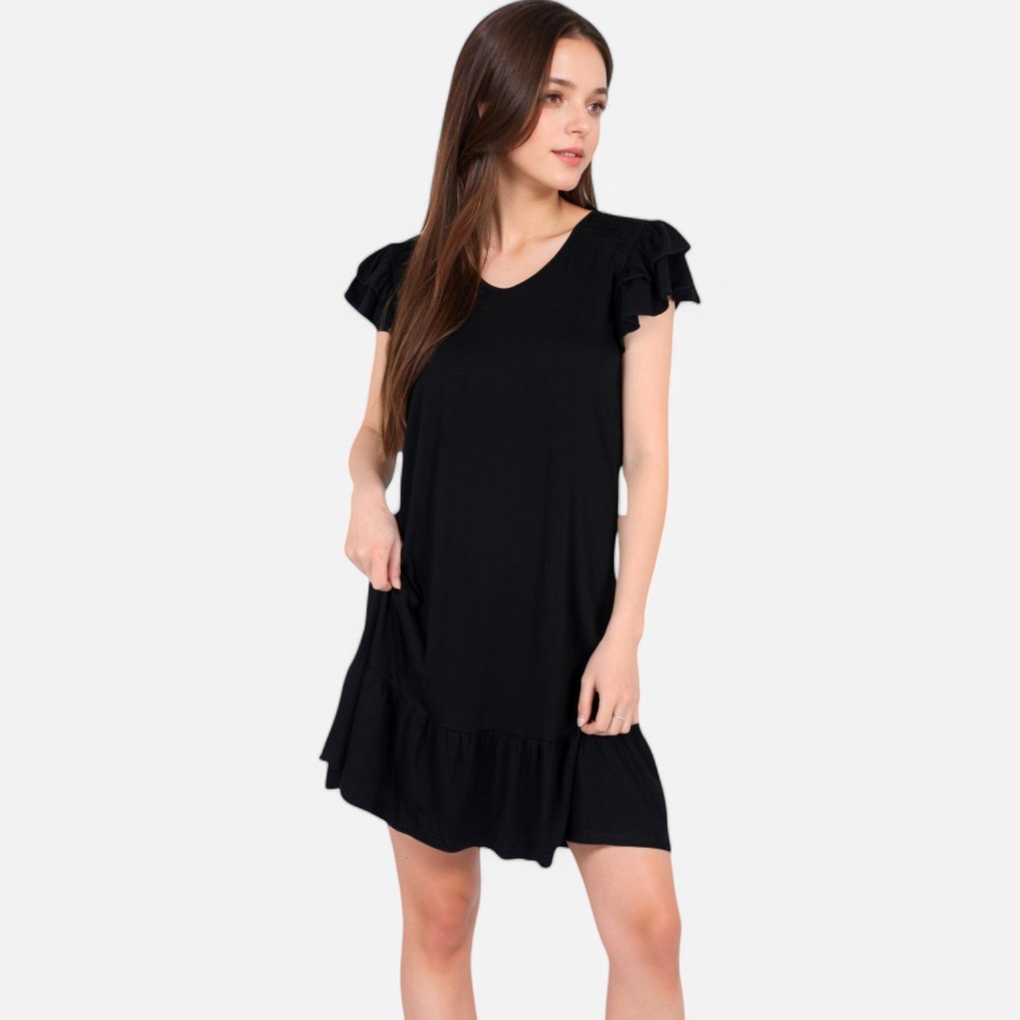 Anna-Kaci Women's Ruffle Sleeve V-Neck Dress with Tiered Hem and Relaxed Fit