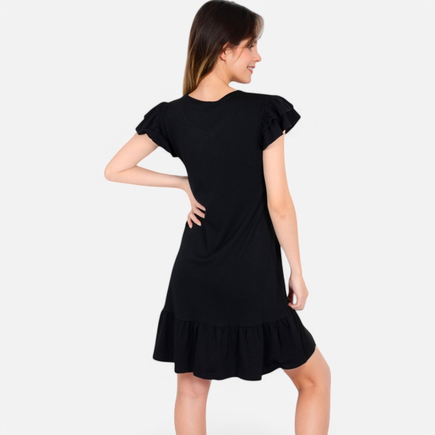 Anna-Kaci Women's Ruffle Sleeve V-Neck Dress with Tiered Hem and Relaxed Fit