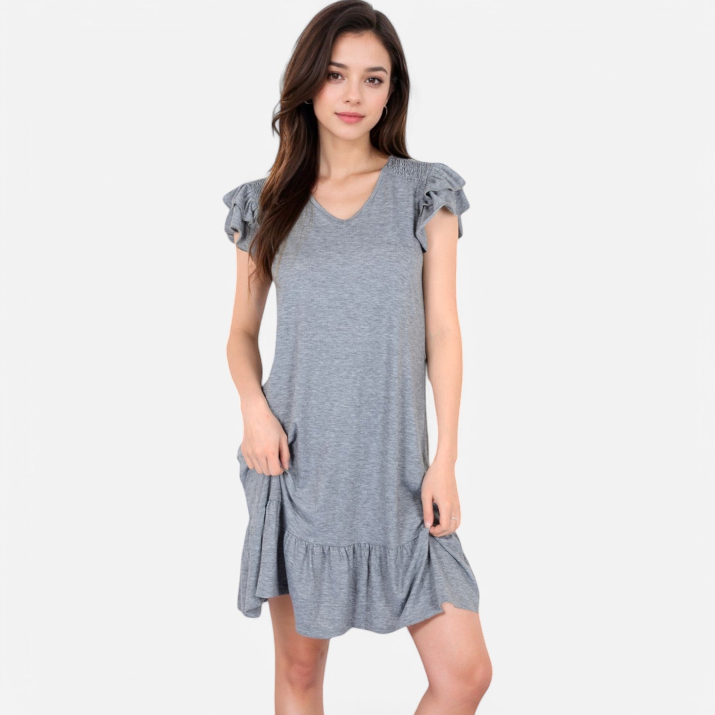 Anna-Kaci Women's Ruffle Sleeve V-Neck Dress with Tiered Hem and Relaxed Fit