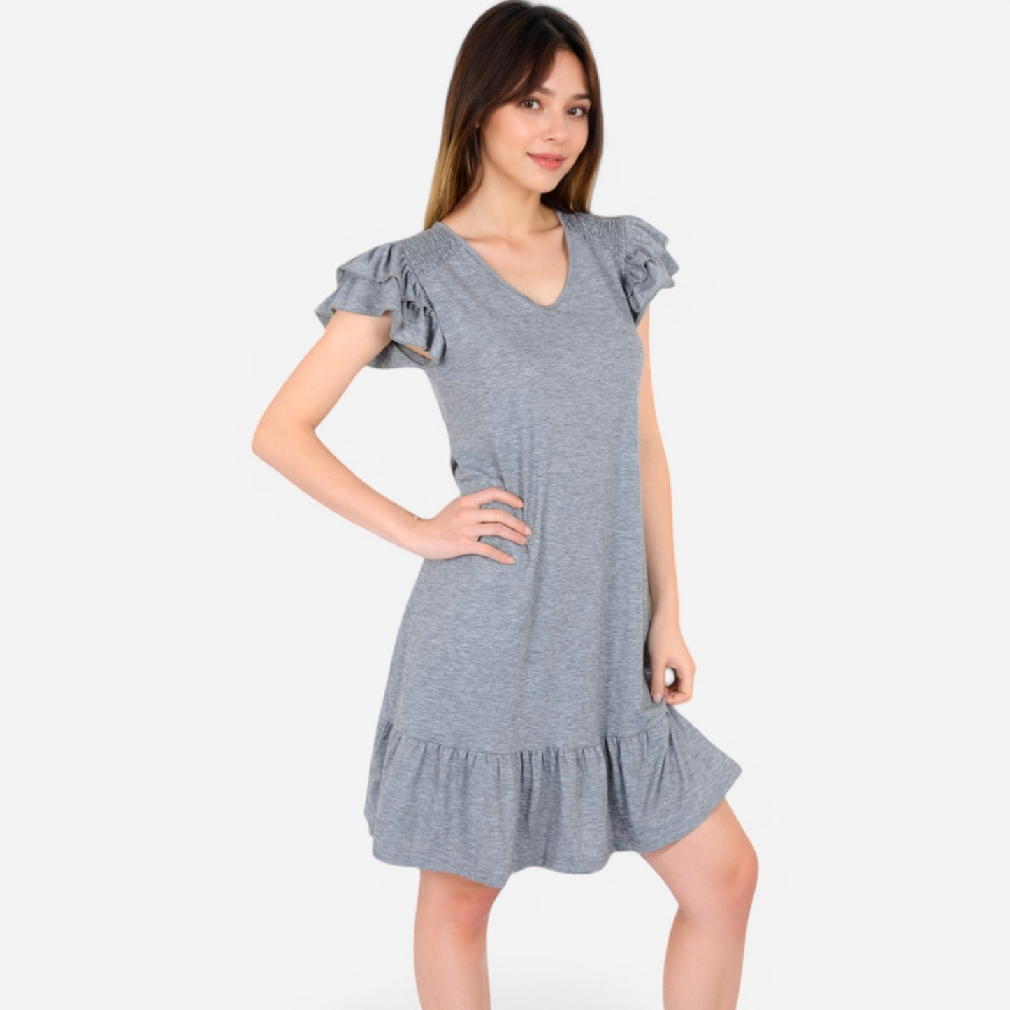 Anna-Kaci Women's Ruffle Sleeve V-Neck Dress with Tiered Hem and Relaxed Fit