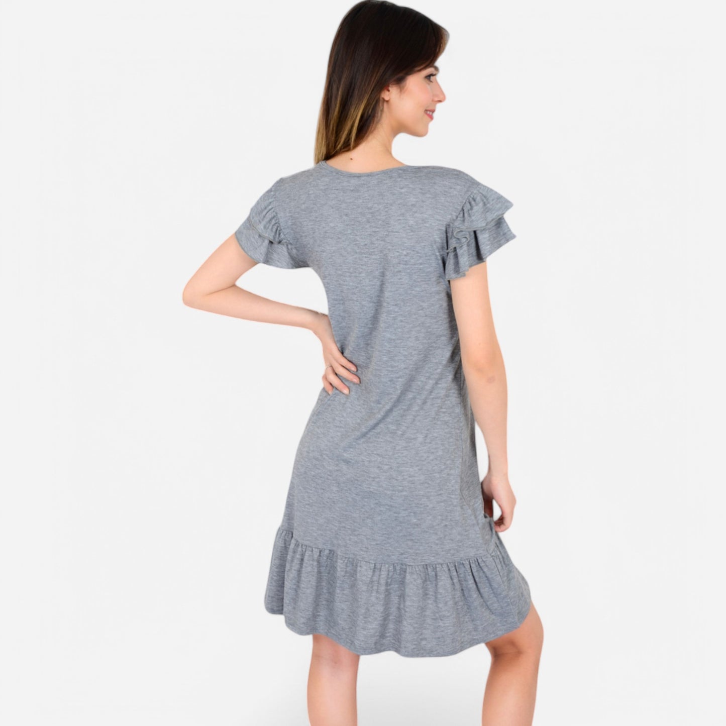 Anna-Kaci Women's Ruffle Sleeve V-Neck Dress with Tiered Hem and Relaxed Fit