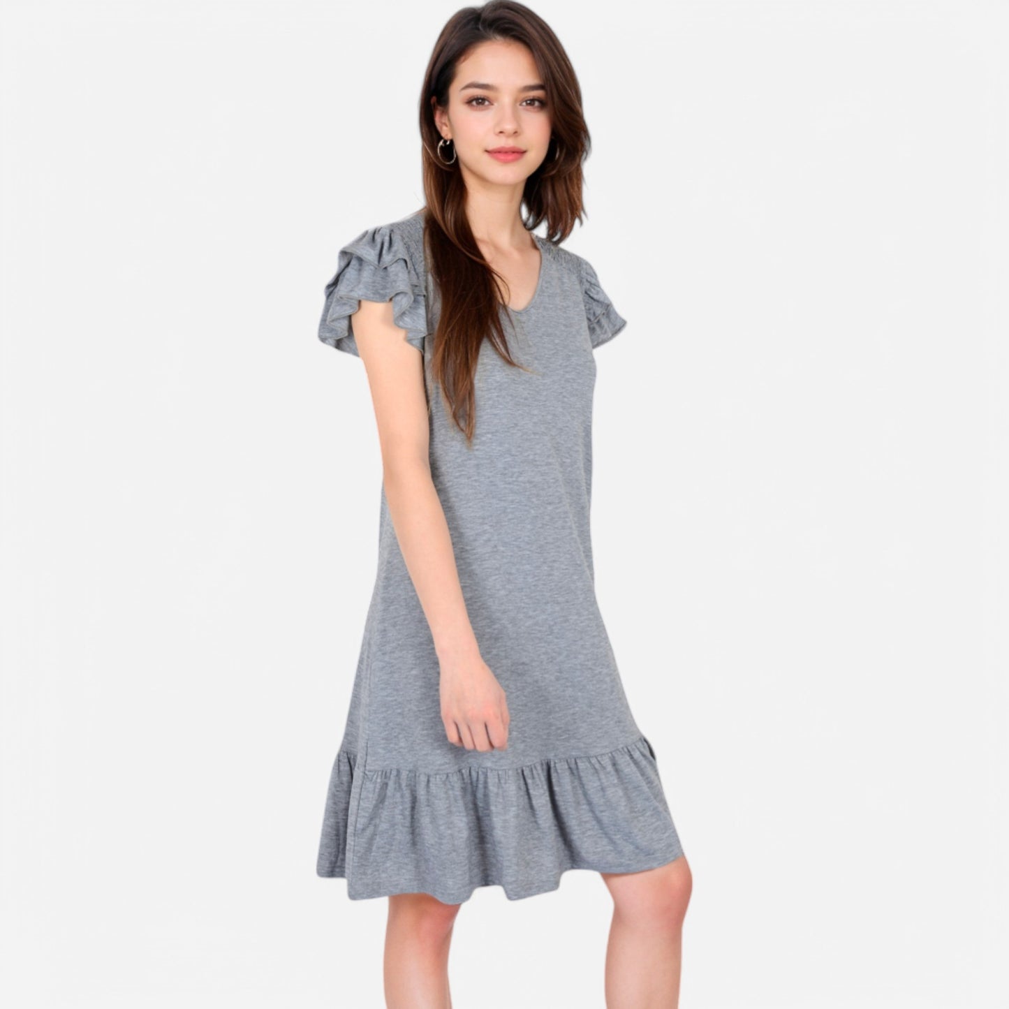 Anna-Kaci Women's Ruffle Sleeve V-Neck Dress with Tiered Hem and Relaxed Fit