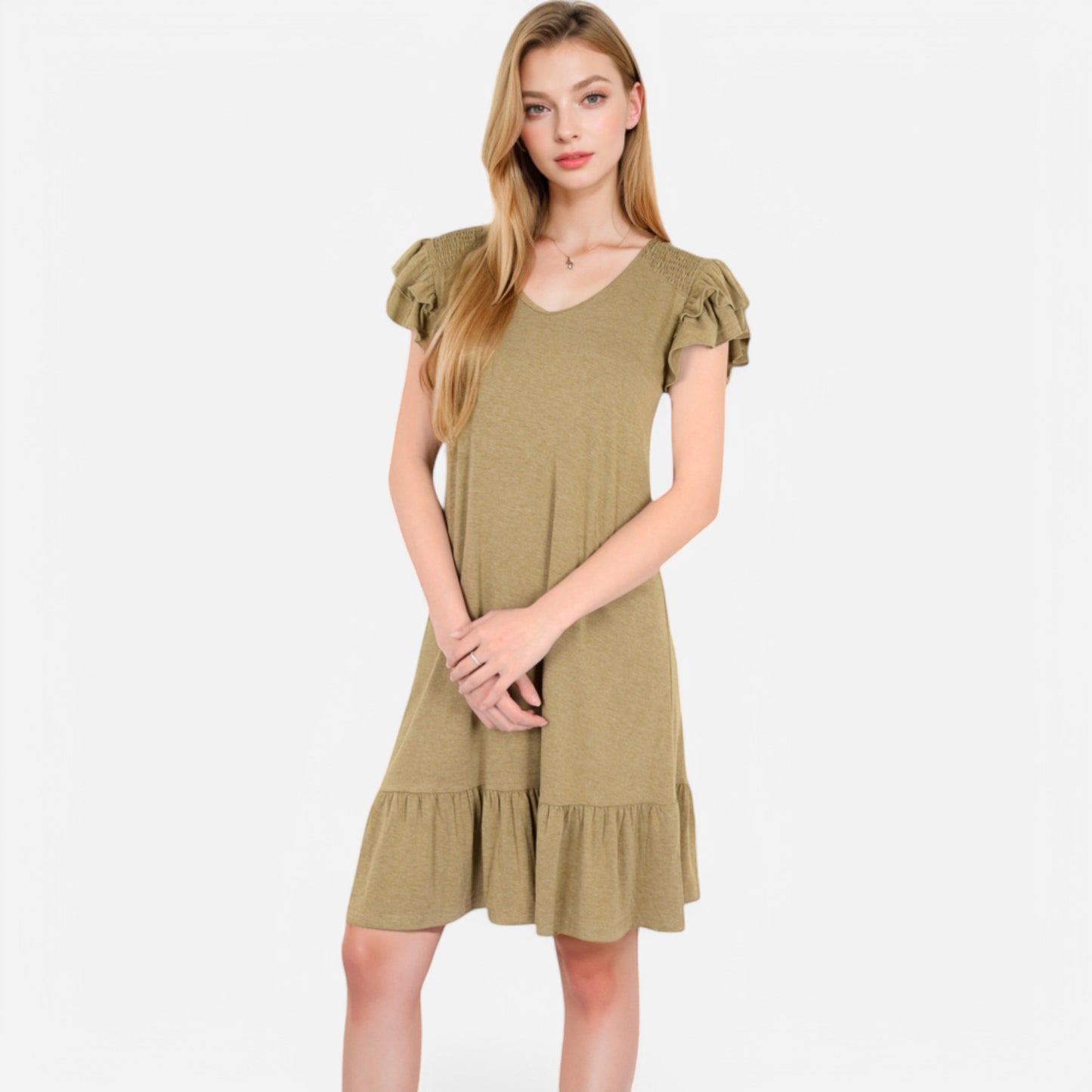 Anna-Kaci Women's Ruffle Sleeve V-Neck Dress with Tiered Hem and Relaxed Fit