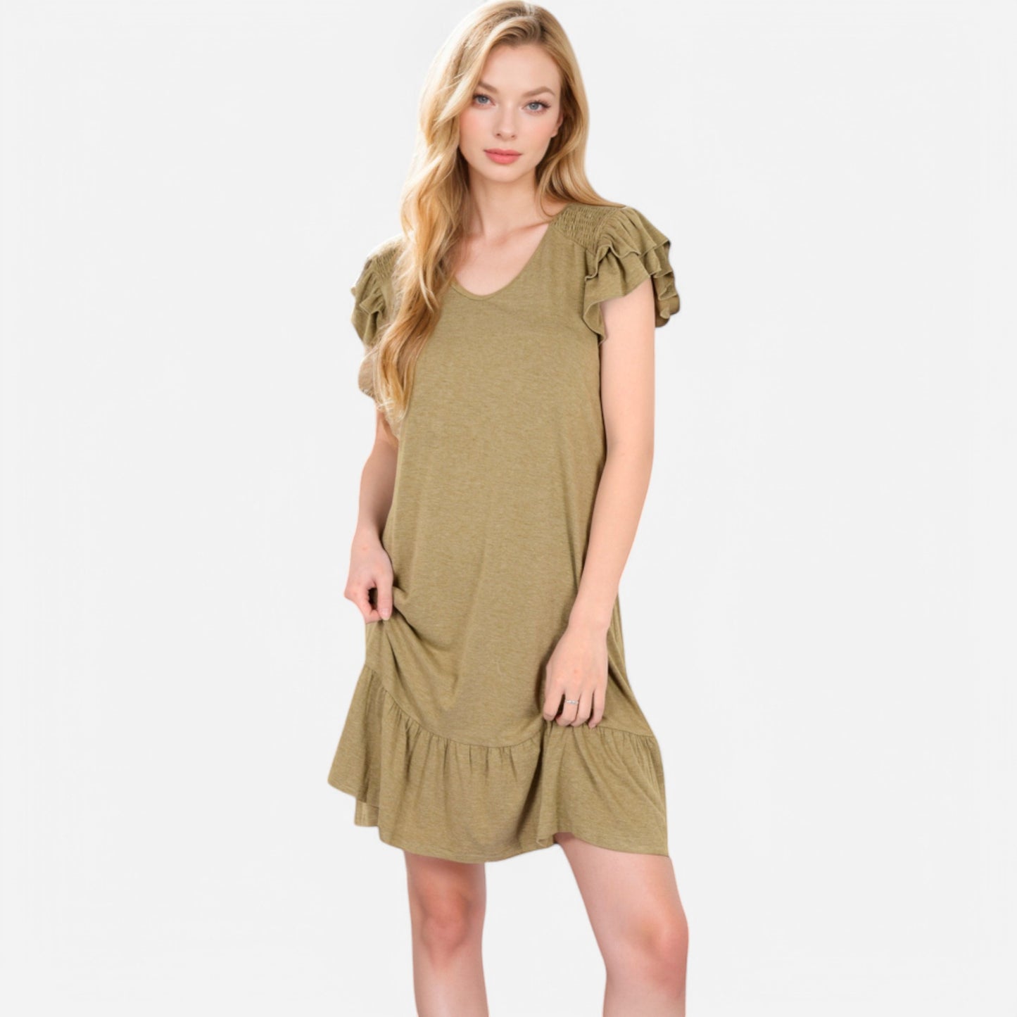 Anna-Kaci Women's Ruffle Sleeve V-Neck Dress with Tiered Hem and Relaxed Fit