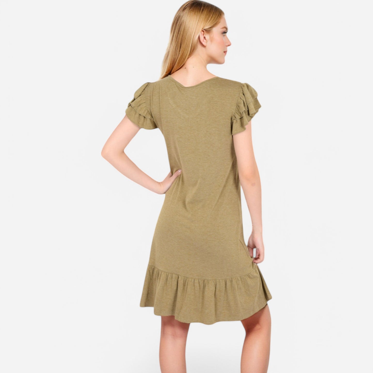 Anna-Kaci Women's Ruffle Sleeve V-Neck Dress with Tiered Hem and Relaxed Fit